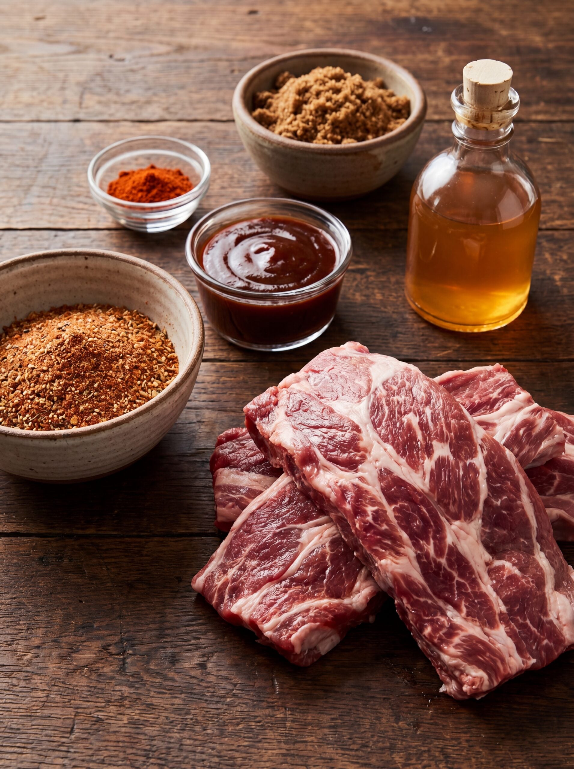 raw pork country style ribs with bbq rub sauce and spices for smoker recipe