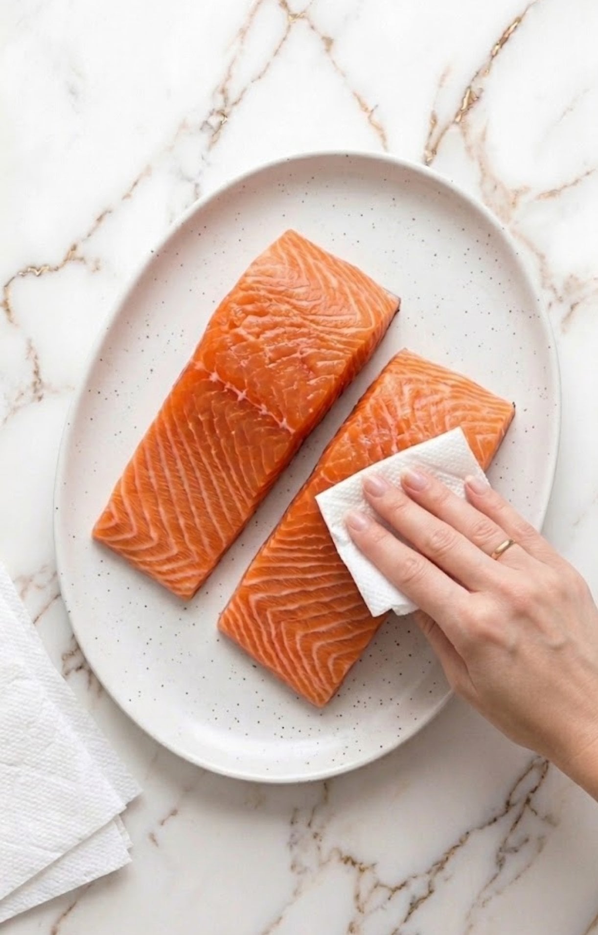 A hand using a paper towel to pat dry two fresh salmon fillets on a white plate to prepare for Teriyaki Air Fryer Salmon.