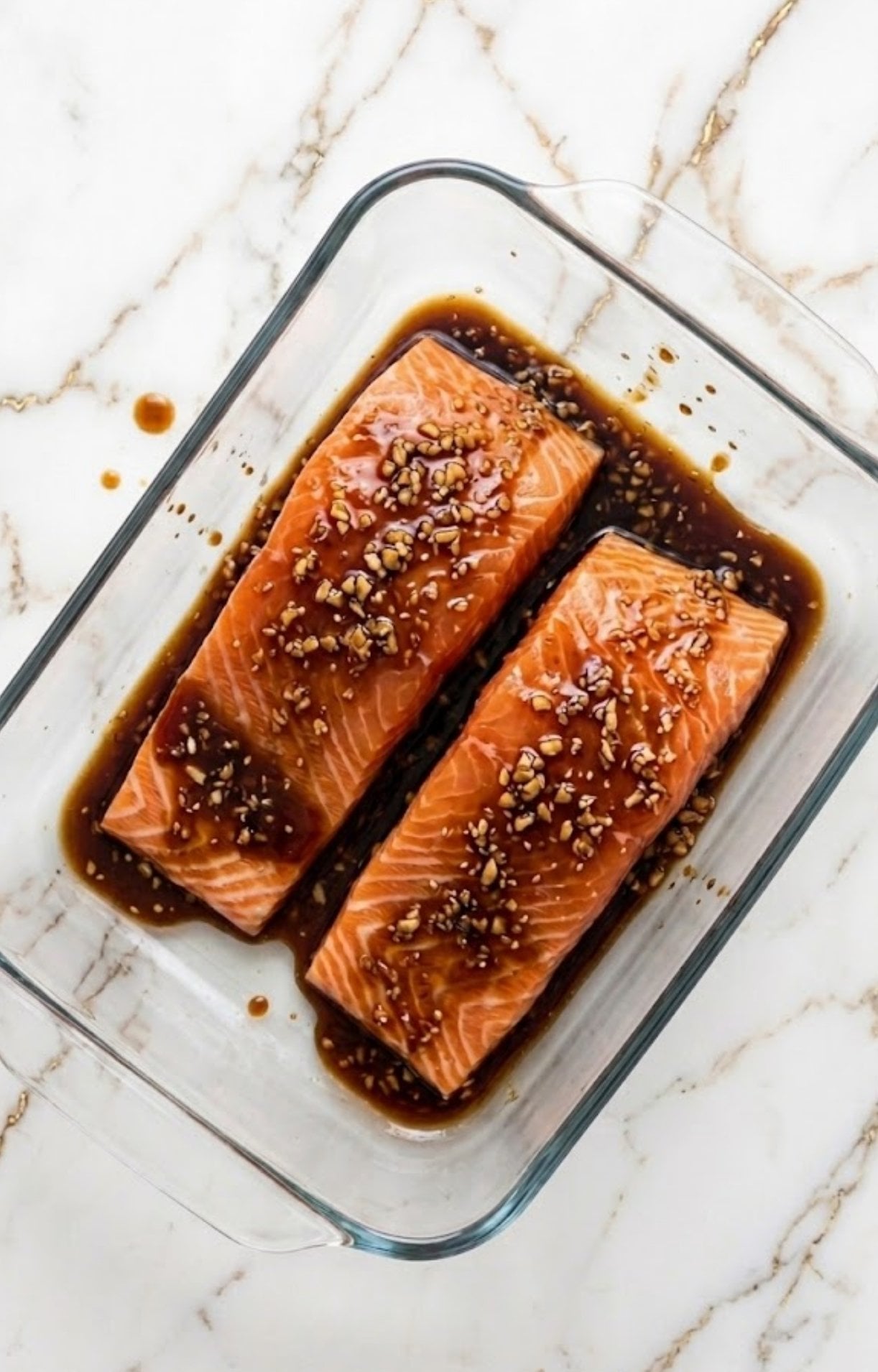 Two raw salmon fillets marinating in a glass dish with a thick garlic and ginger teriyaki glaze for Teriyaki Air Fryer Salmon.
