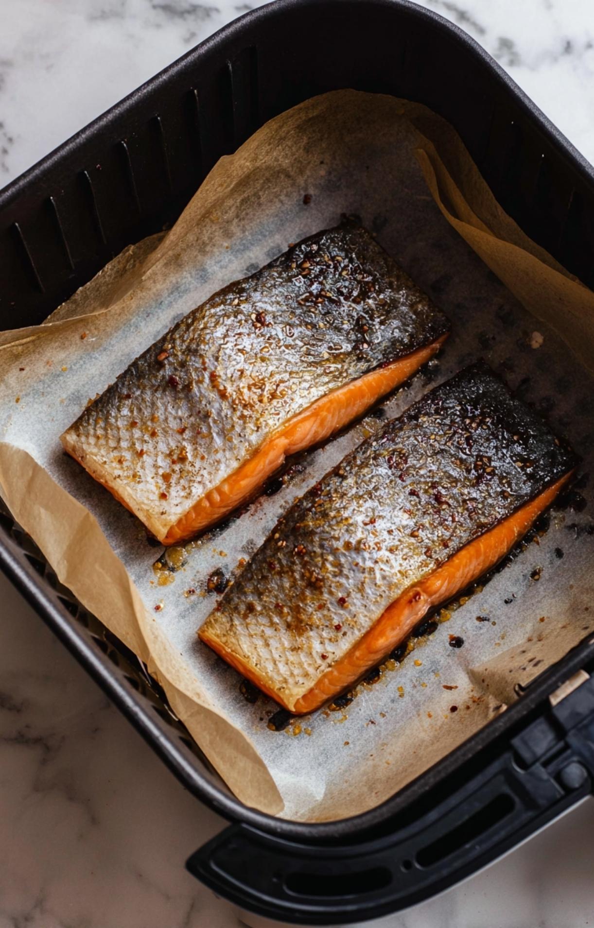 Two seasoned salmon fillets placed skin-side up on parchment paper in an air fryer basket for Teriyaki Air Fryer Salmon.