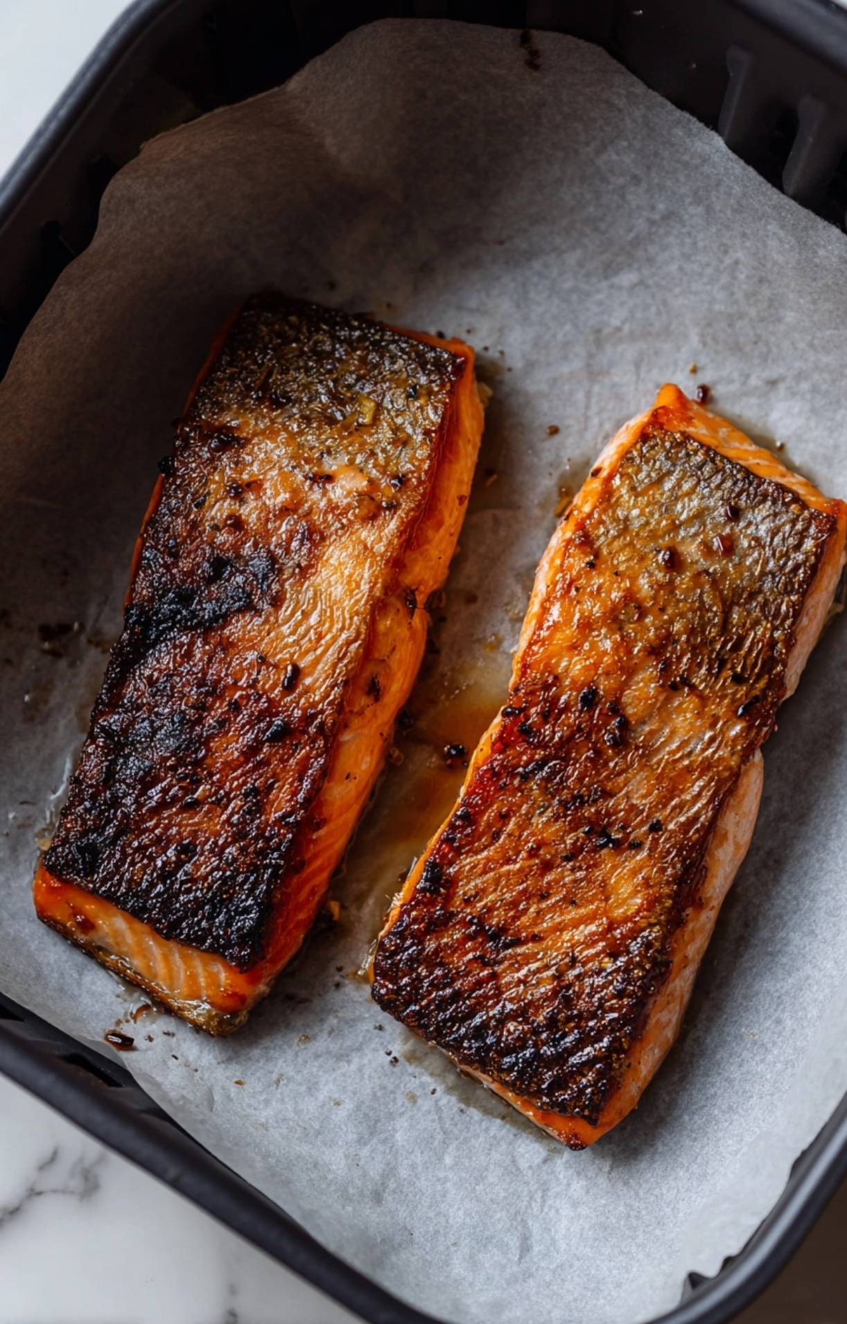 Crispy, golden-brown salmon skin after air frying, ready to be flipped and glazed for Teriyaki Air Fryer Salmon.
