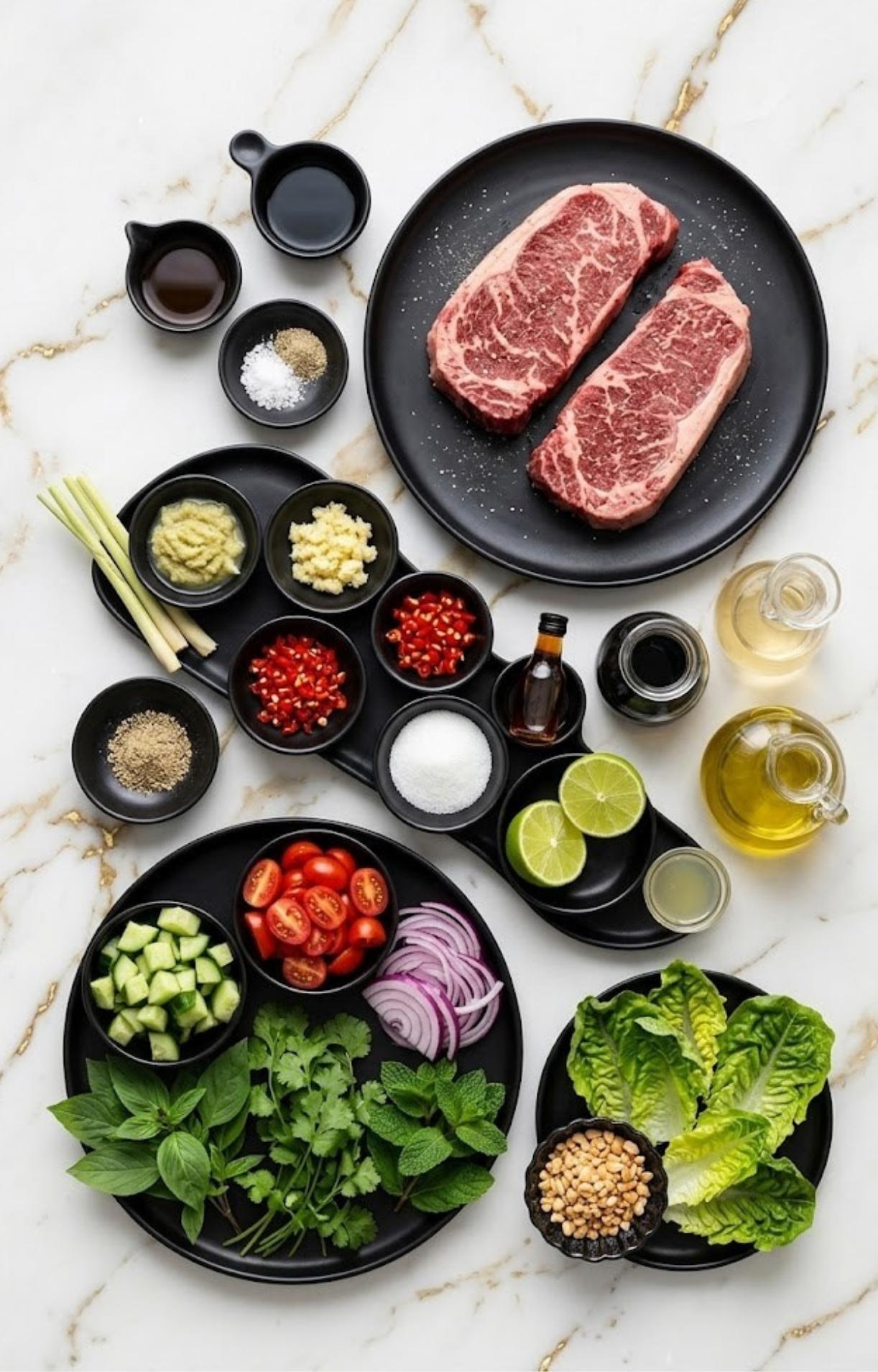 A flat-lay arrangement of ribeye steaks, lemongrass, chilies, garlic, ginger, lime, fresh herbs, and salad vegetables on a marble surface.