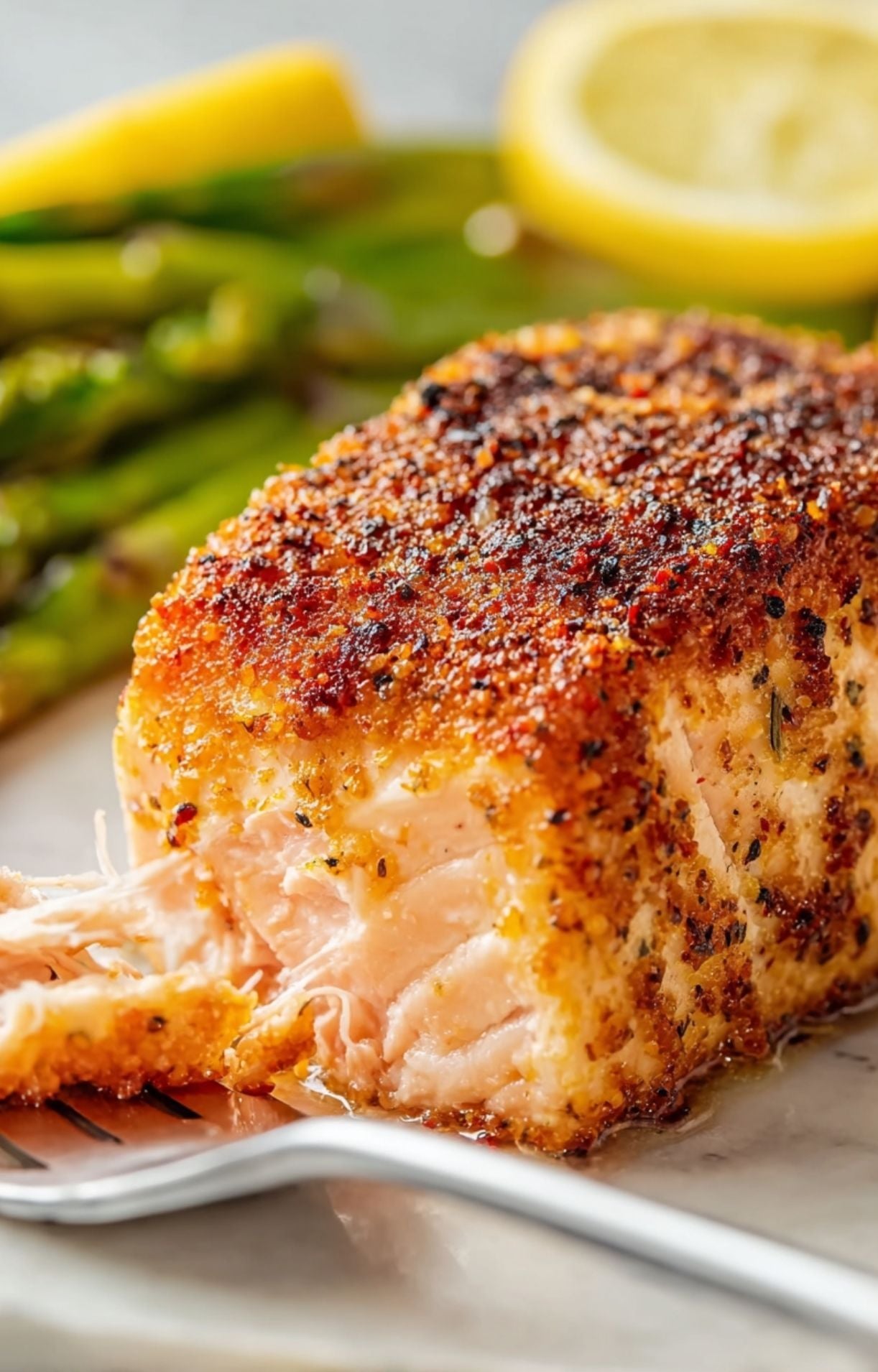 A close-up shot of a perfectly cooked salmon fillet from an easy air fryer salmon recipe showing a flaky interior and crispy seasoned crust.