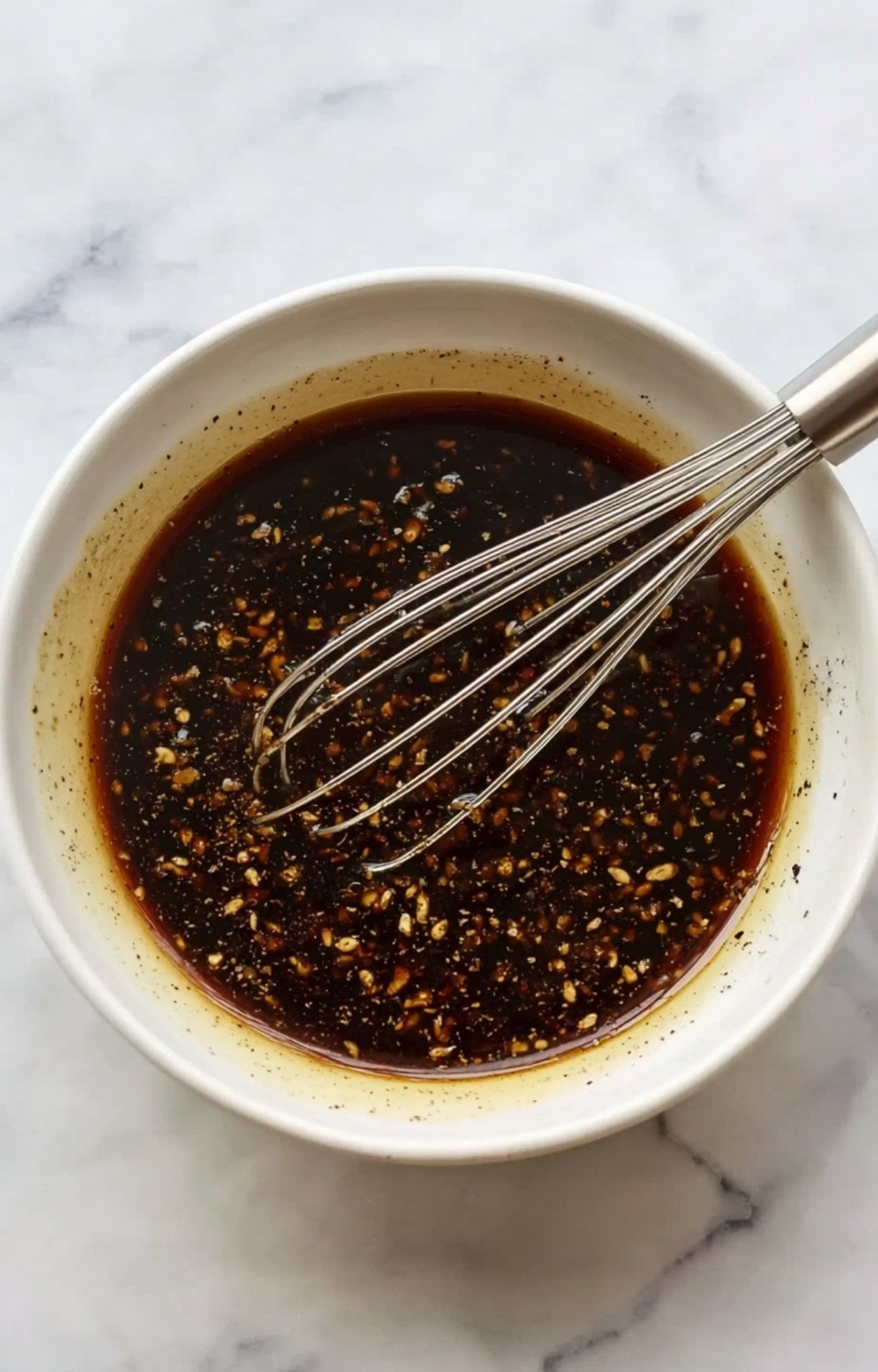 A metal whisk mixing a dark, savory teriyaki sauce with garlic and ginger in a white bowl.