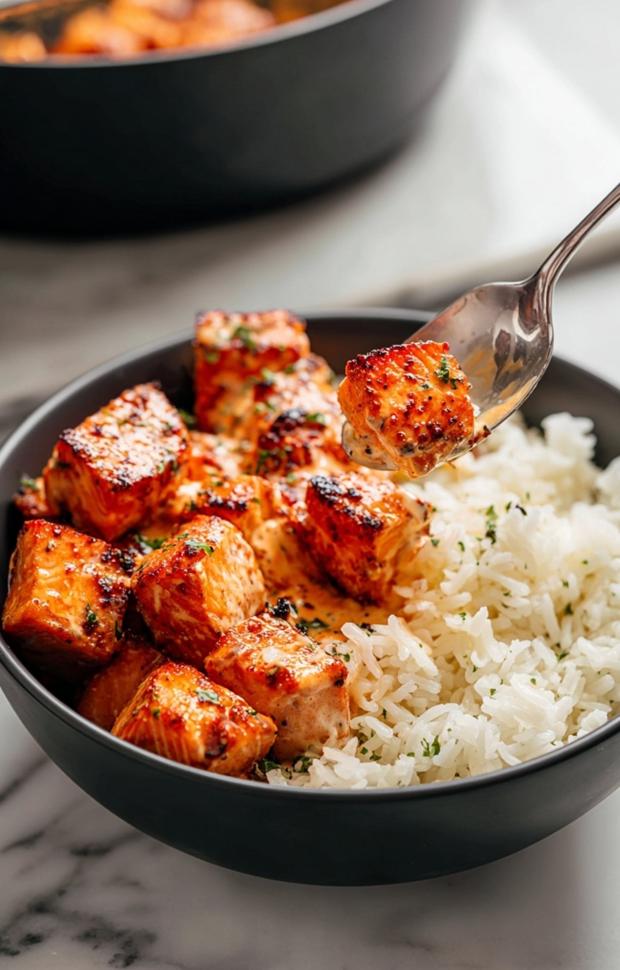 A spoon lifting a single, perfectly charred cube of air-fried salmon from a bowl of fluffy white rice.