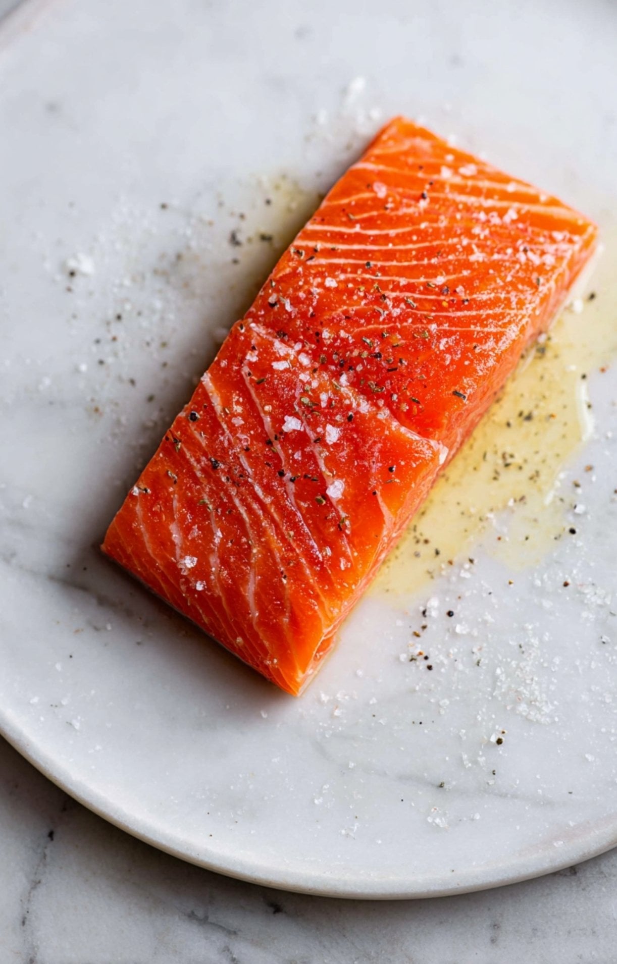 A raw salmon fillet on a marble surface drizzled with olive oil and sprinkled with coarse salt and black pepper.
