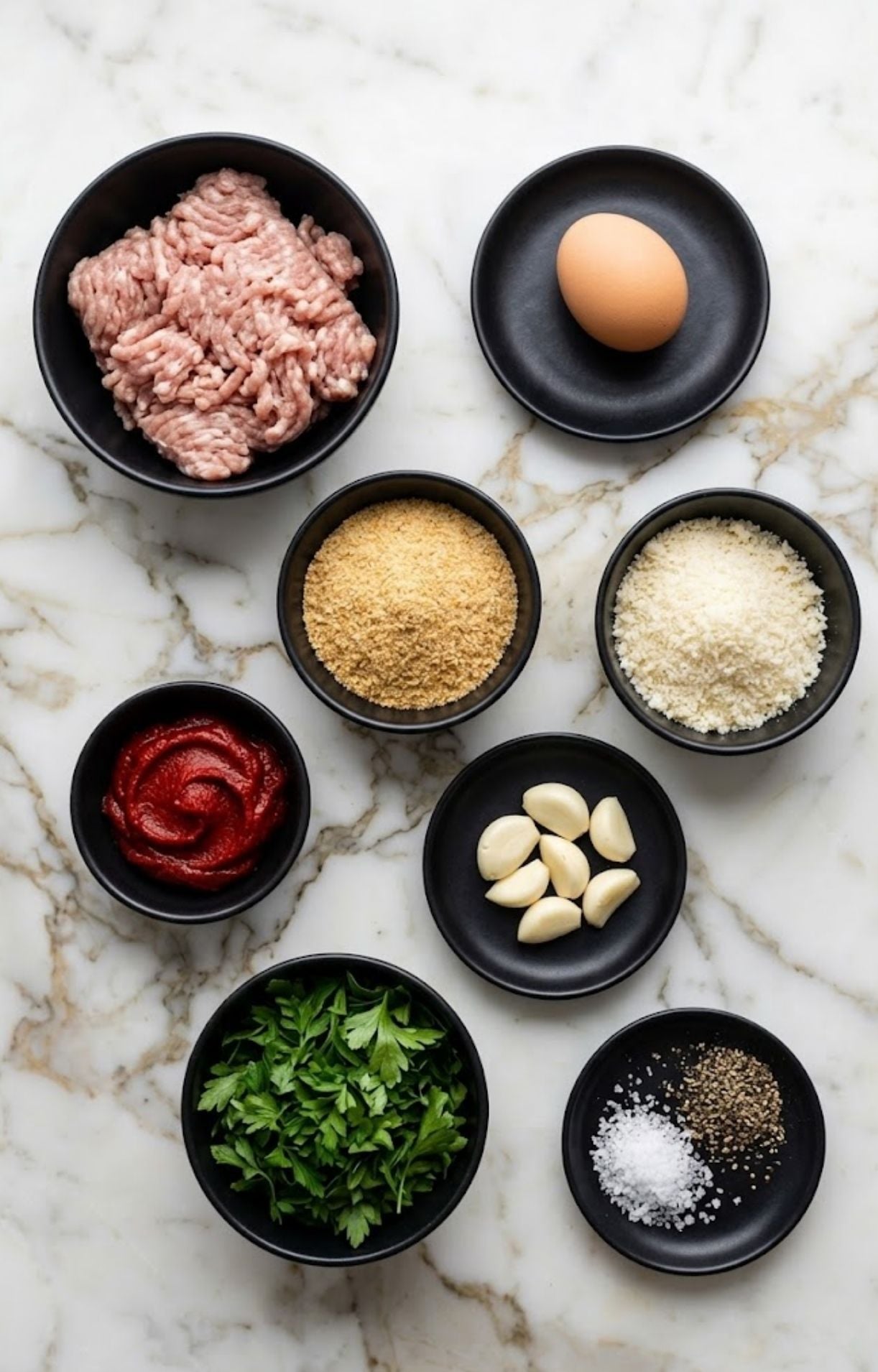 Top-down view of black bowls containing ground turkey, egg, breadcrumbs, parmesan, tomato paste, garlic cloves, parsley, salt, and pepper on a marble surface.