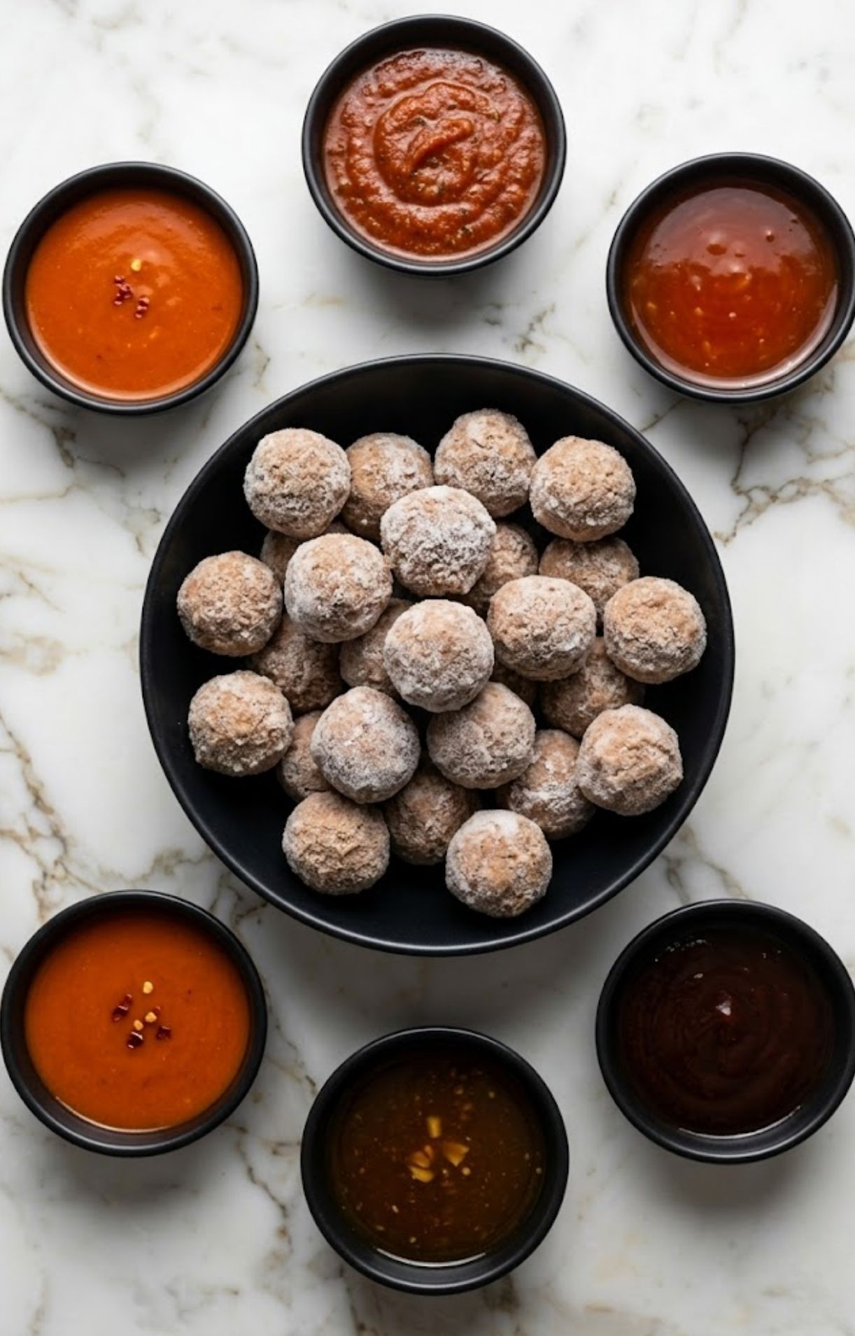 A top-down view of frozen meatballs in a black bowl surrounded by six different colorful dipping sauces on a marble surface.
