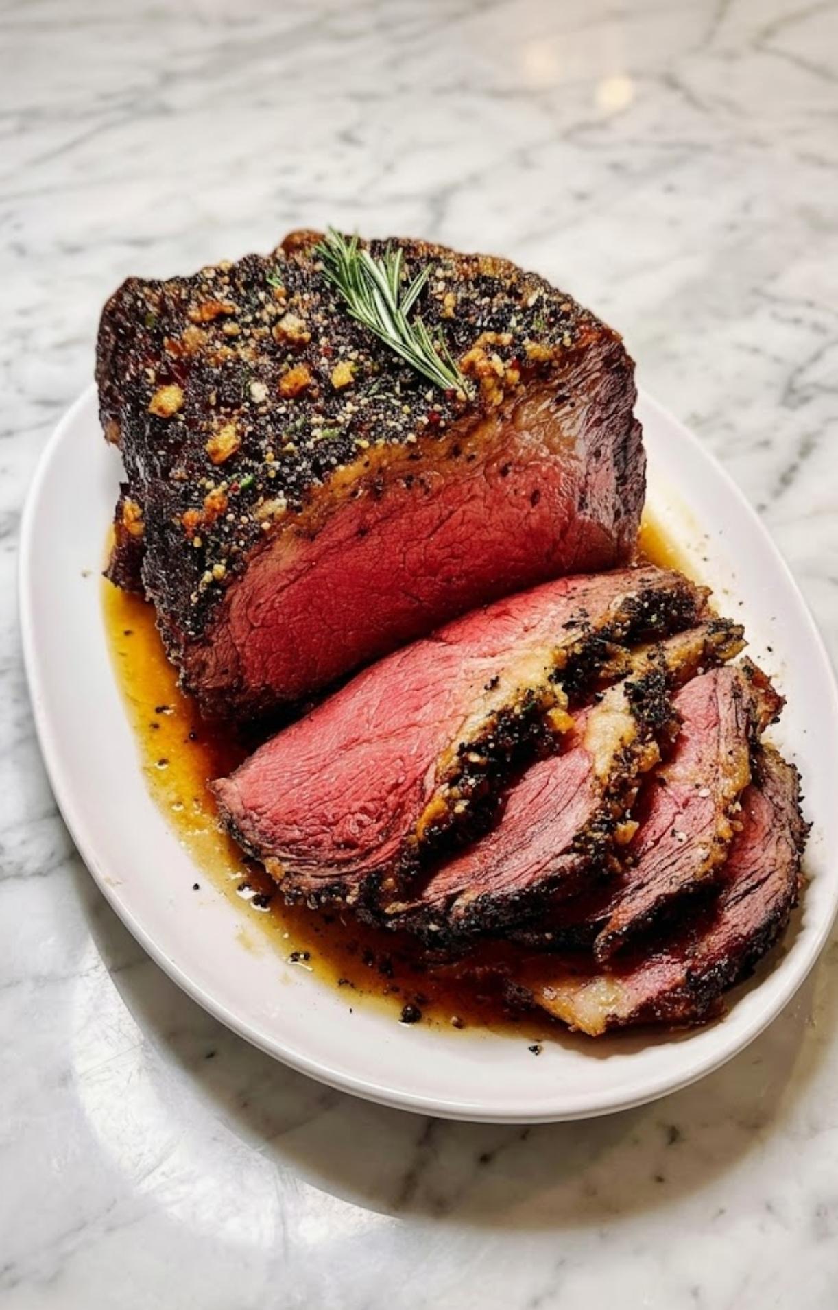 A cross-section view of a juicy, medium-rare prime rib roast sliced on a white plate, resting in a pool of savory au jus.