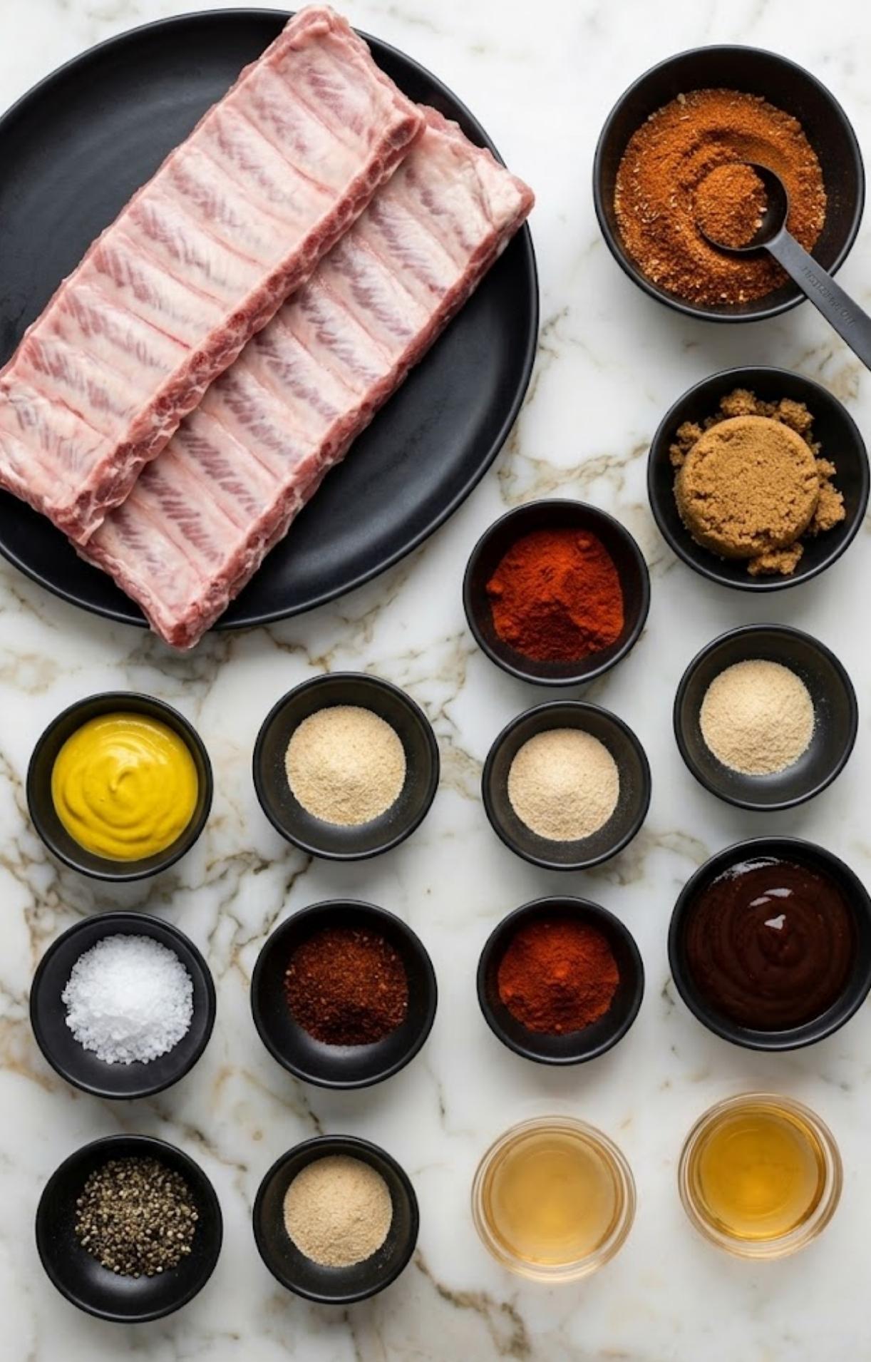 A flat lay of raw baby back ribs on a black plate surrounded by small black bowls of spices, mustard, BBQ sauce, and brown sugar on a white marble surface.