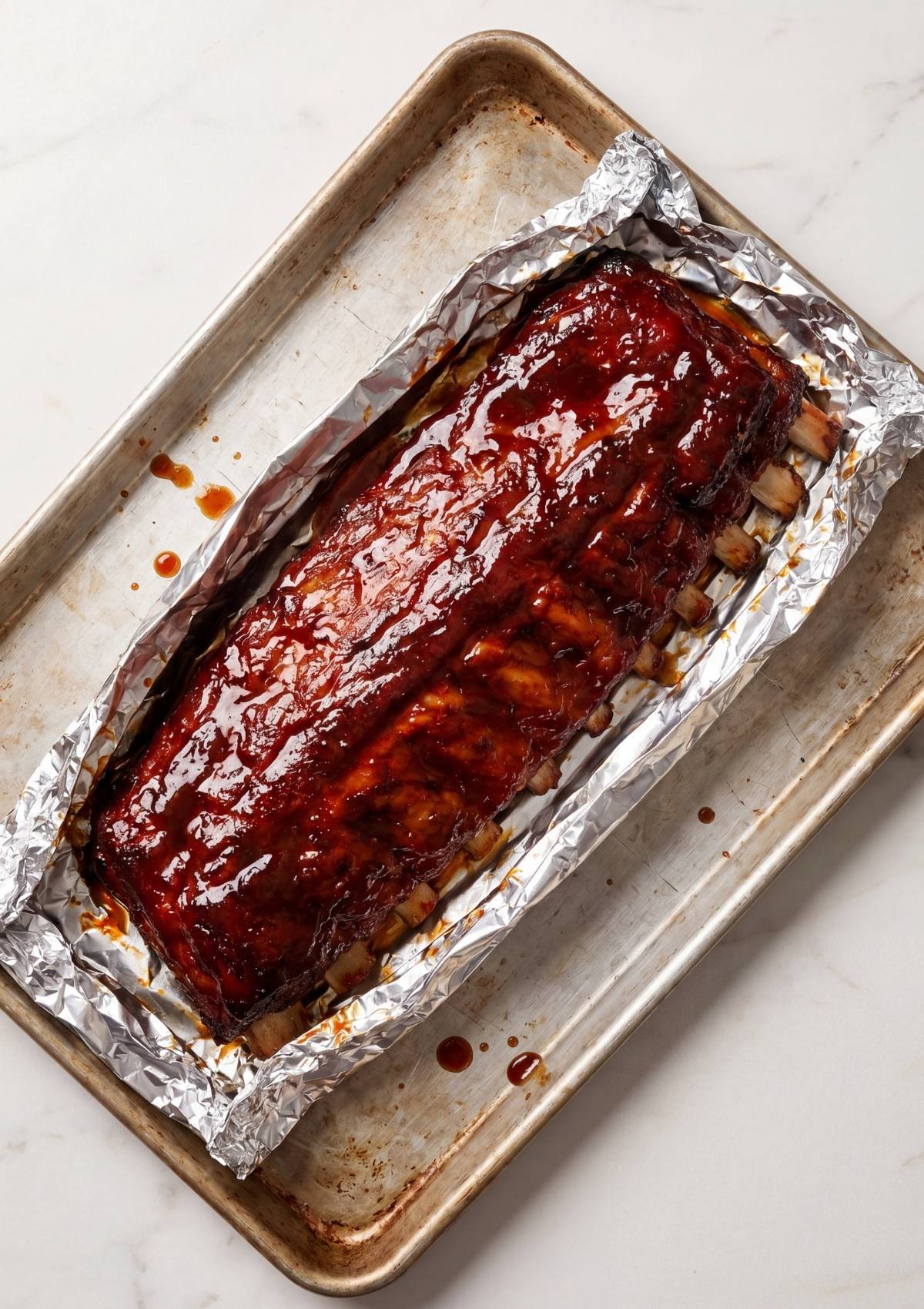 Pit Boss pellet smoker rib recipe showing ribs wrapped in foil with BBQ sauce for tender smoked ribs