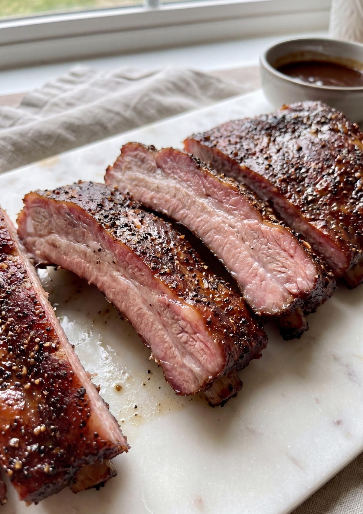 sliced smoked spare ribs on cutting board showing pink smoke ring and juicy interior