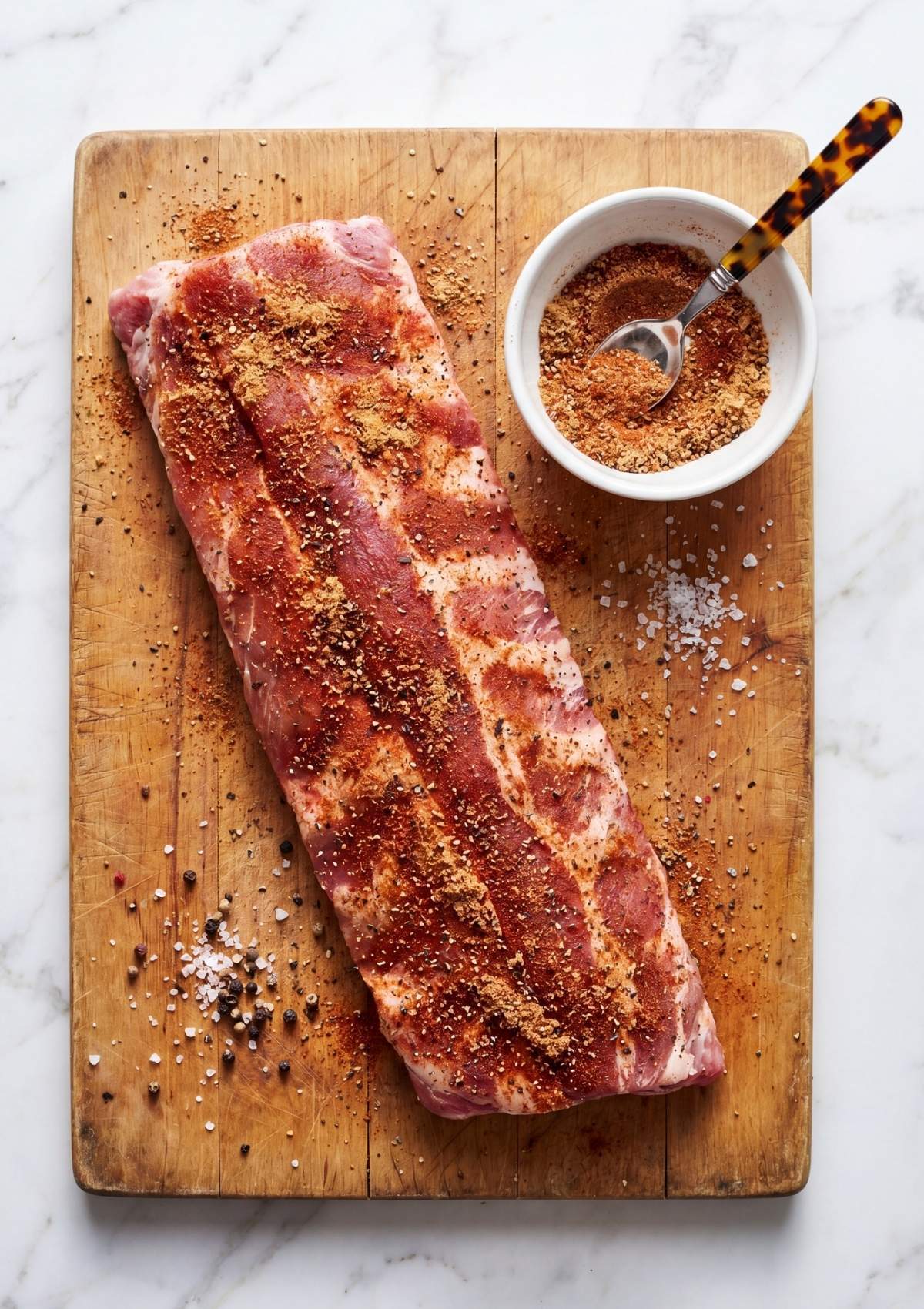 raw pork ribs coated with dry rub seasoning on board for easy dry rub rib recipe pellet smoker