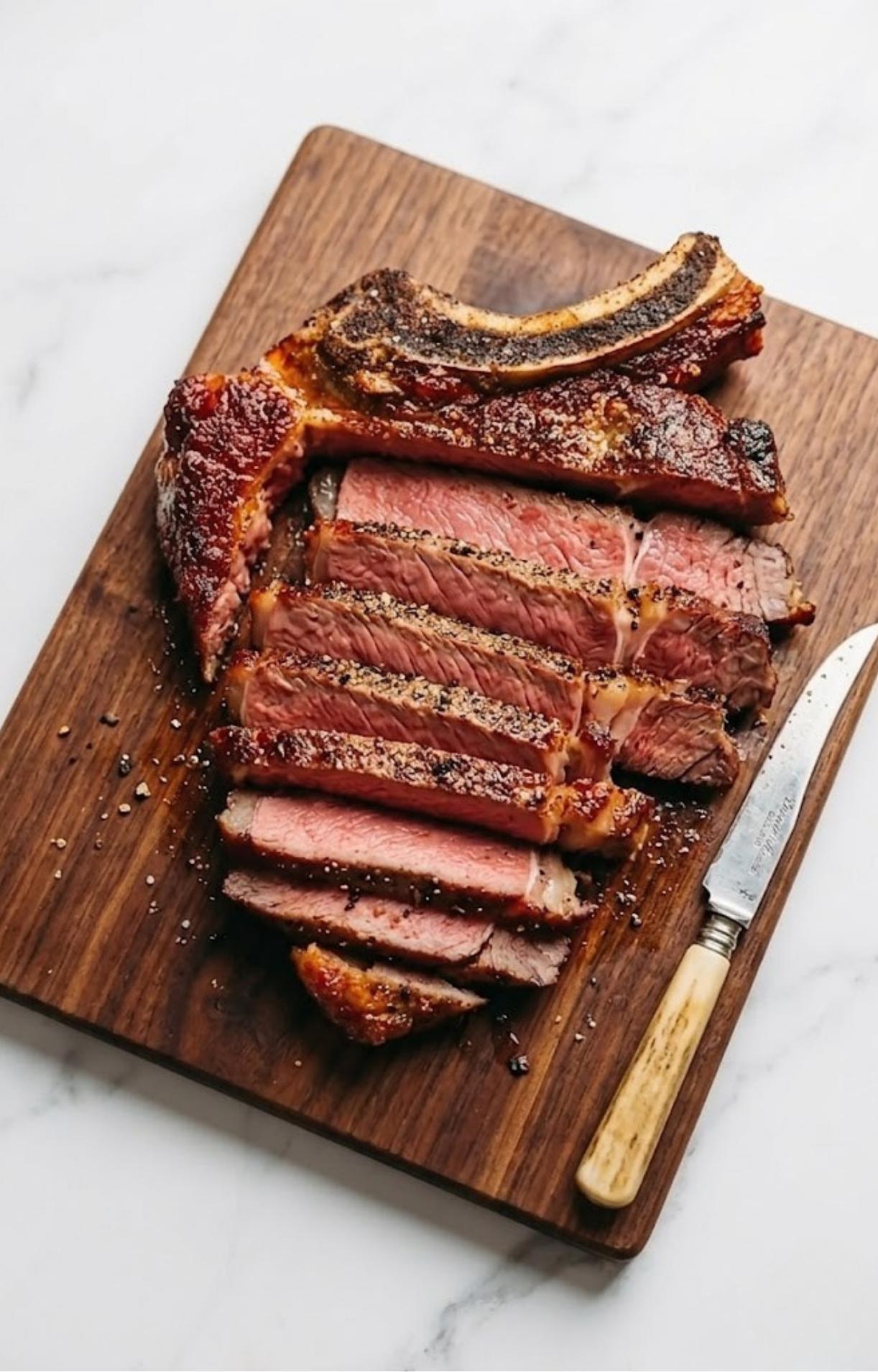Perfectly seared and rested ribeye steak sliced into thick strips on a wooden cutting board, showcasing a juicy pink interior for an Easy Steak Salad Recipe.