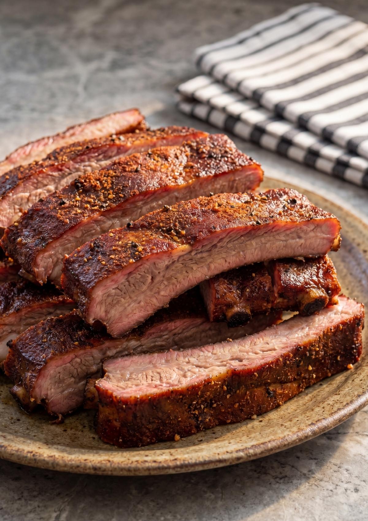 sliced pellet smoker memphis ribs recipe on plate with visible smoke ring and juicy texture