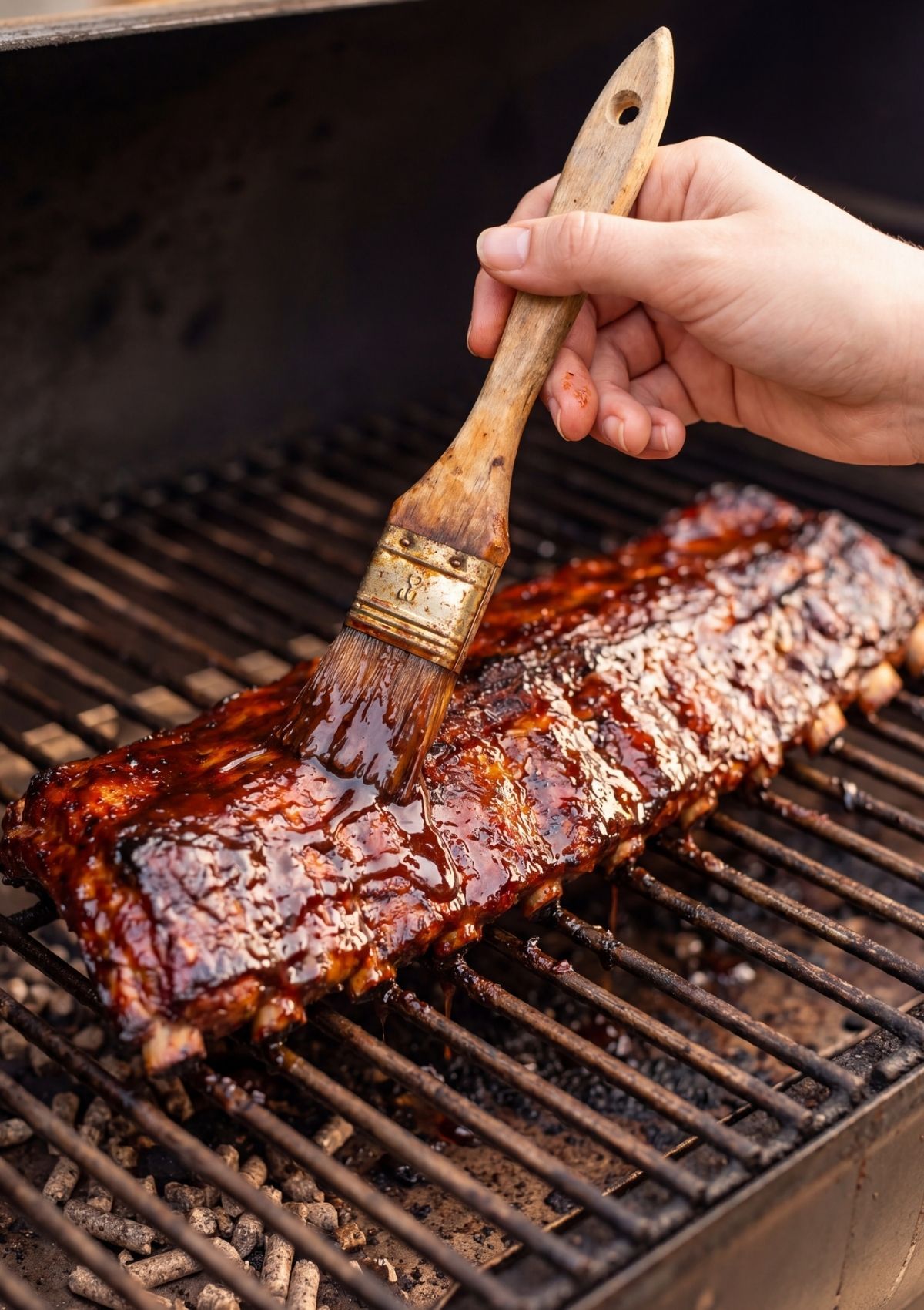 brushing bbq sauce on ribs on pellet grill for best smoked ribs recipe pellet grill