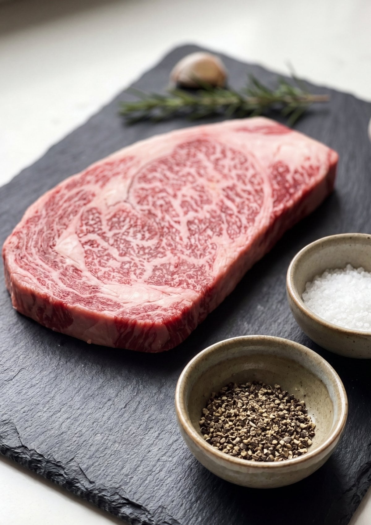 Japanese A5 wagyu beef recipe raw steak with heavy marbling salt and pepper ready for cooking easy steak recipe