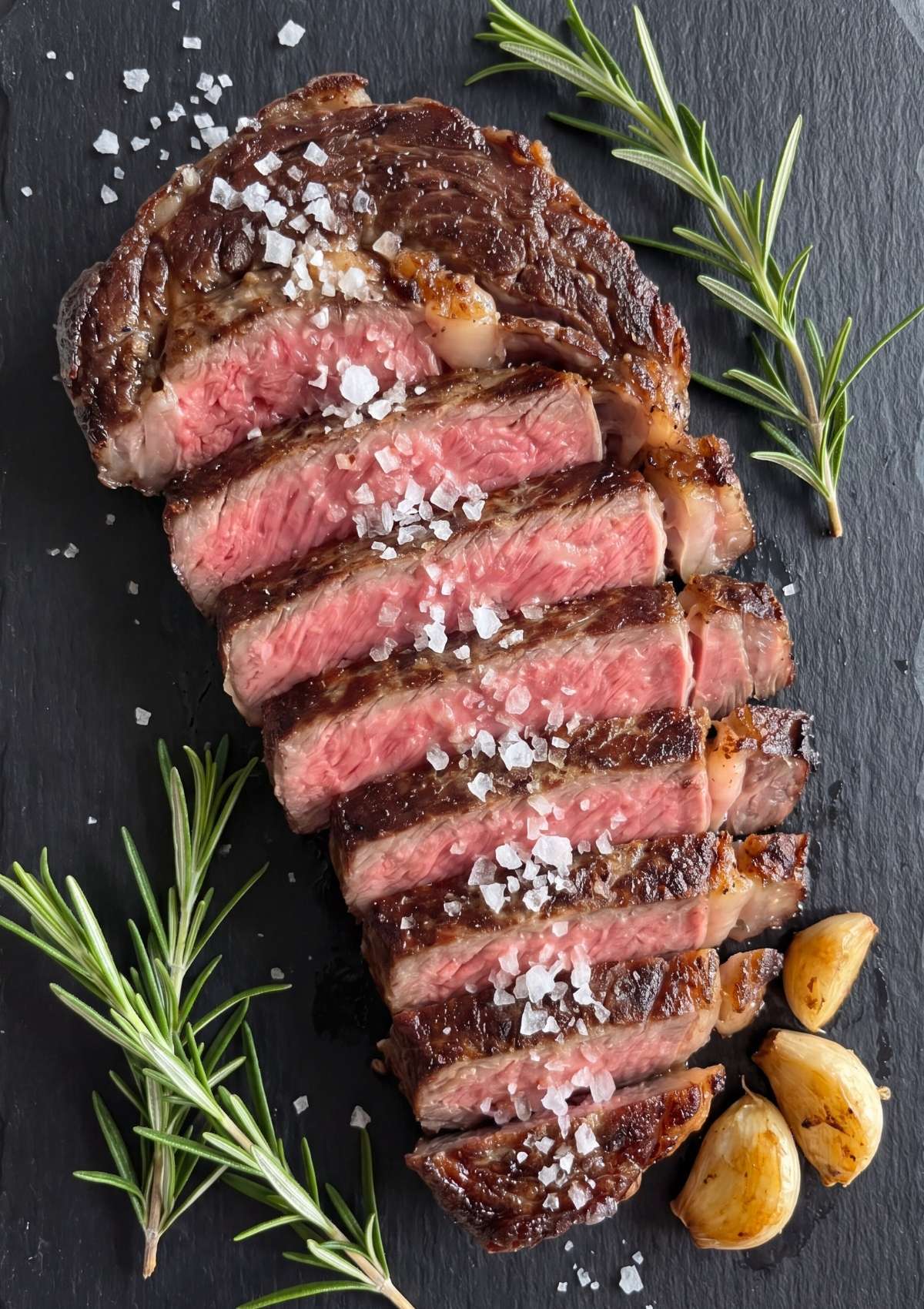 Sliced medium-rare Wagyu ribeye on a black slate board garnished with large flakes of sea salt, roasted garlic cloves, and fresh rosemary sprigs.