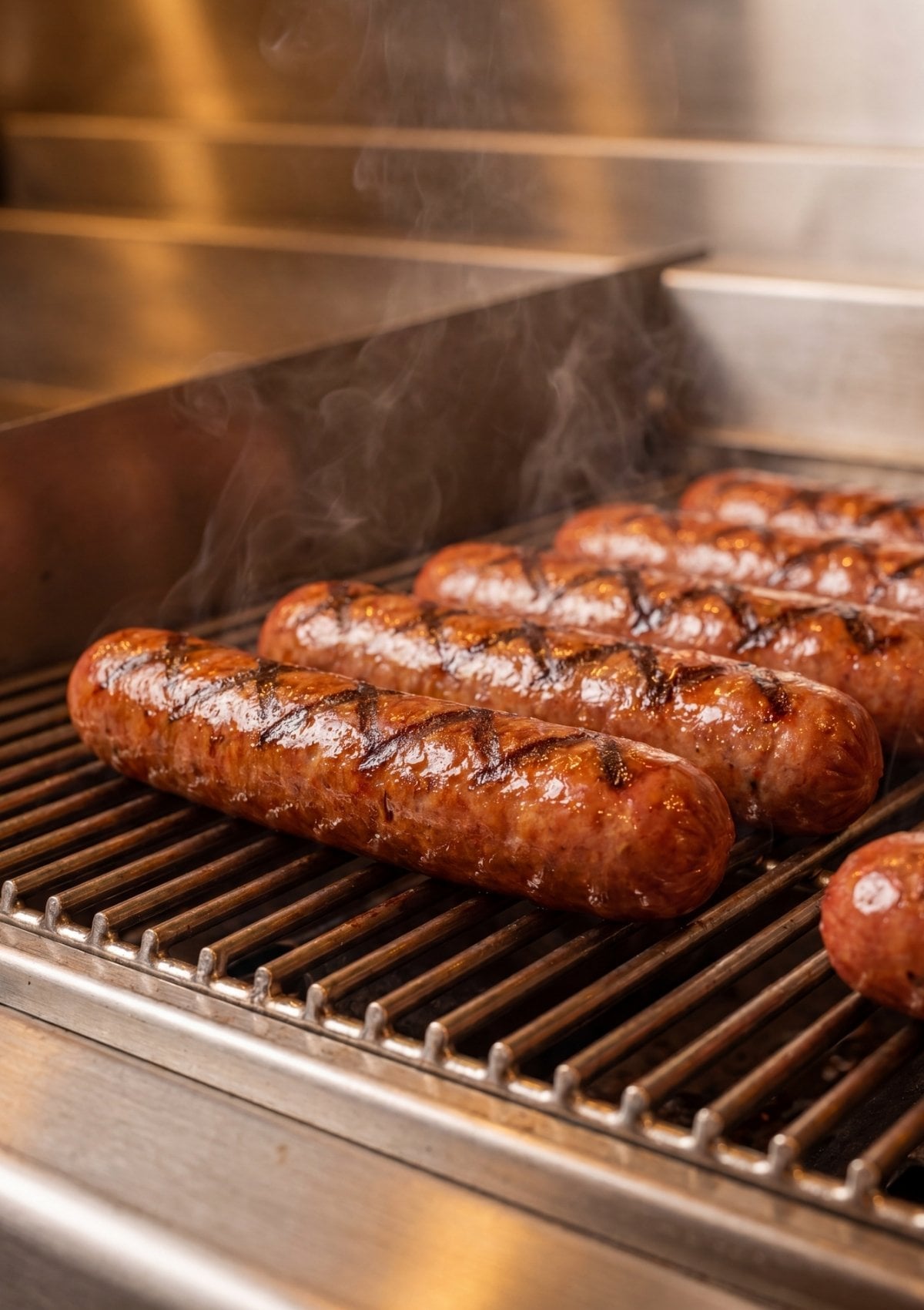 wagyu beef hot dogs grilling on barbecue with smoky char marks juicy sausages cooking