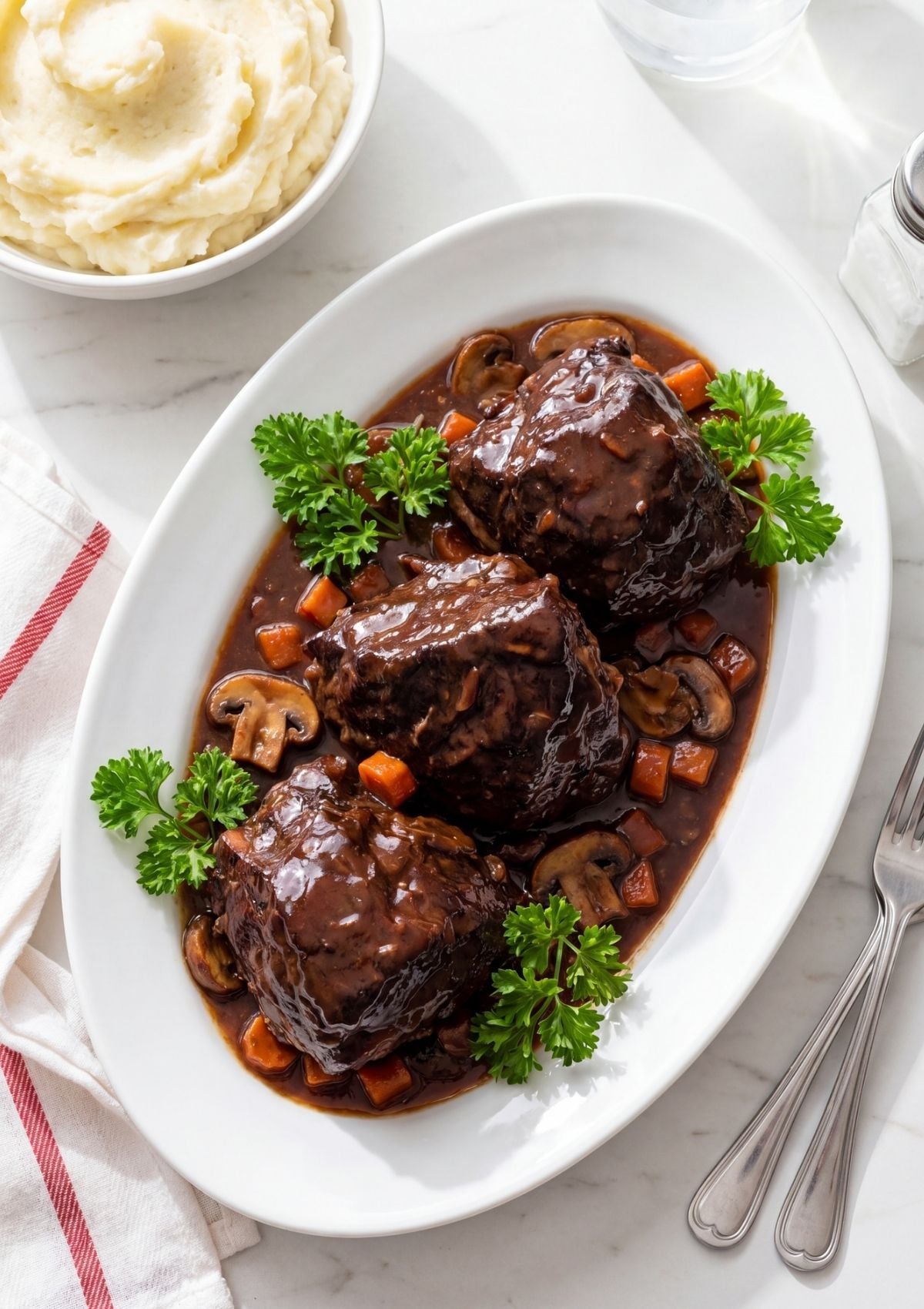 wagyu beef cheek recipe over creamy mashed potatoes with rich sauce and herbs