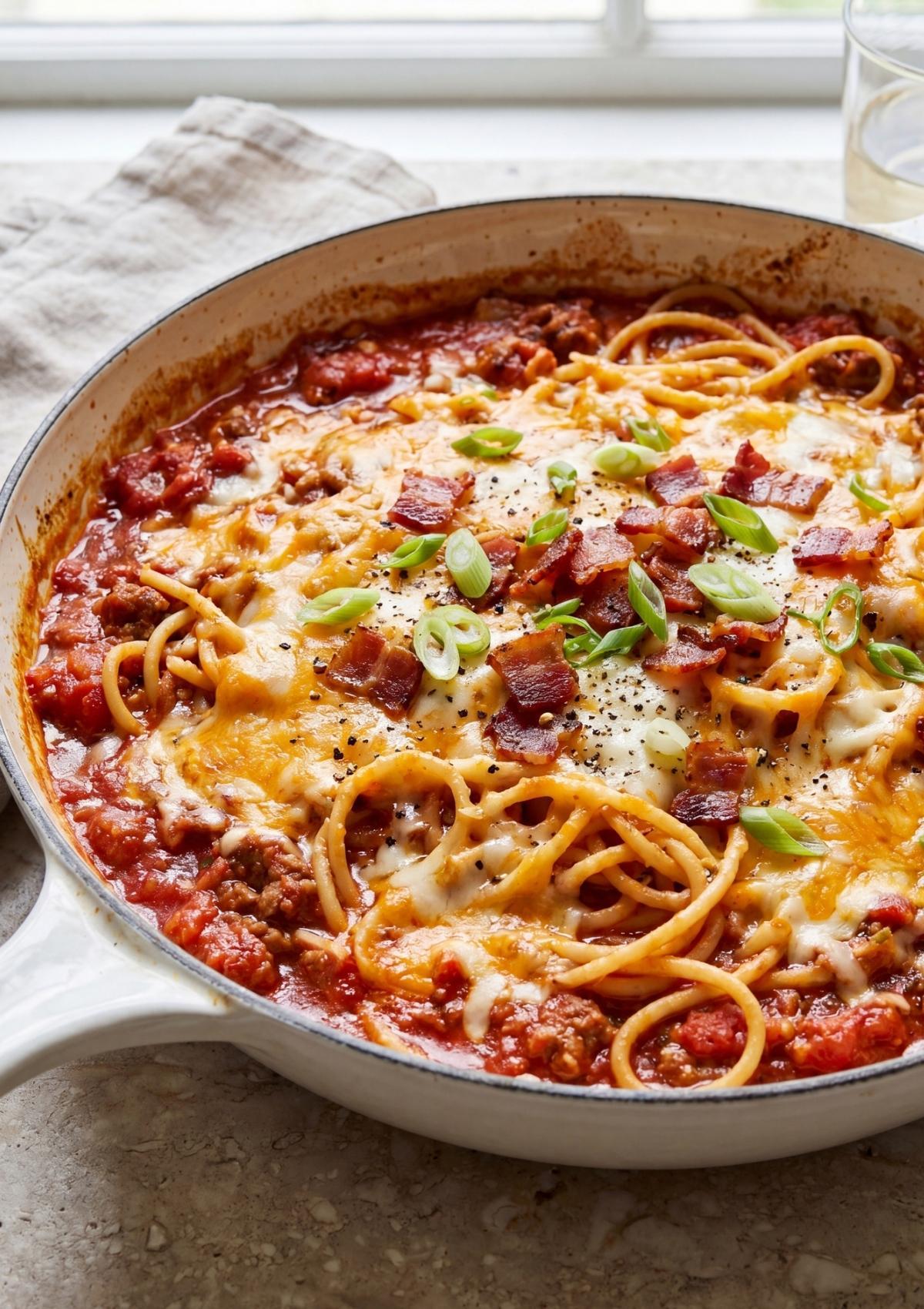 cowboy spaghetti recipe with melted cheese bacon and sauce in skillet