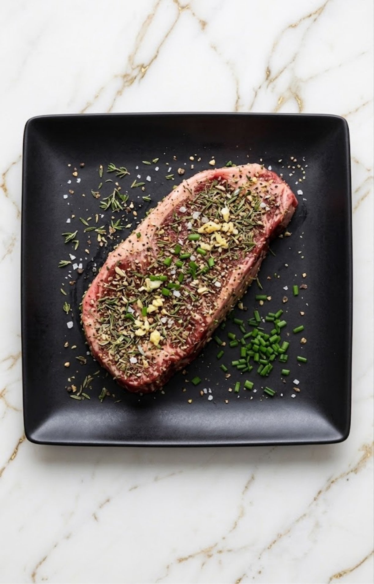 A raw New York strip steak on a black plate, generously seasoned with coarse salt, black pepper, minced garlic, chopped chives, and fresh herbs.