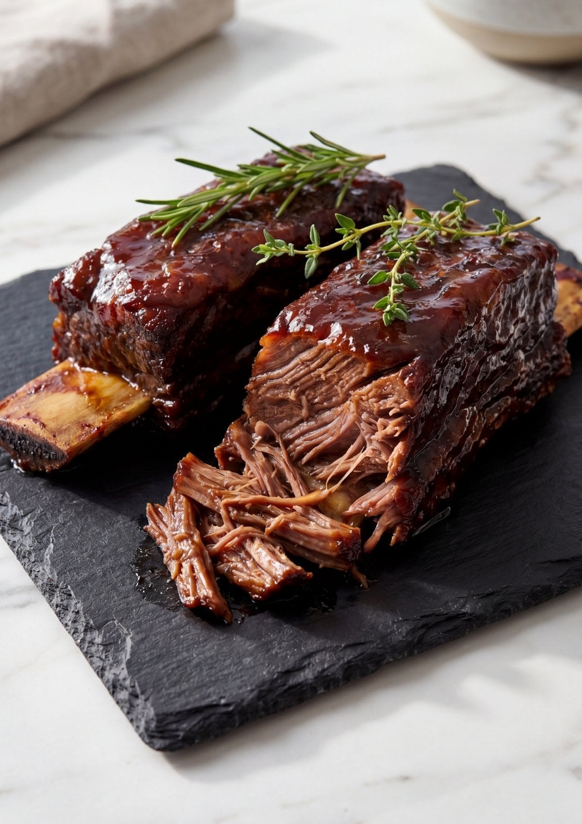 fall apart braised wagyu beef short ribs showing juicy shredded meat and rich sauce