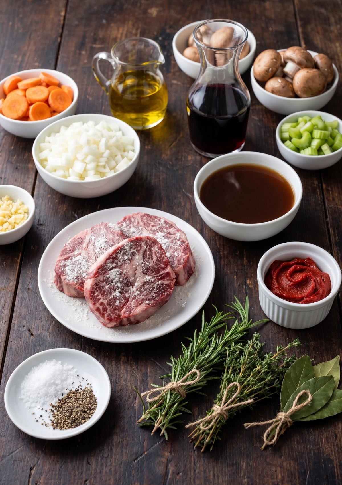 wagyu beef cheek recipe ingredients with beef cheeks vegetables herbs broth and seasonings