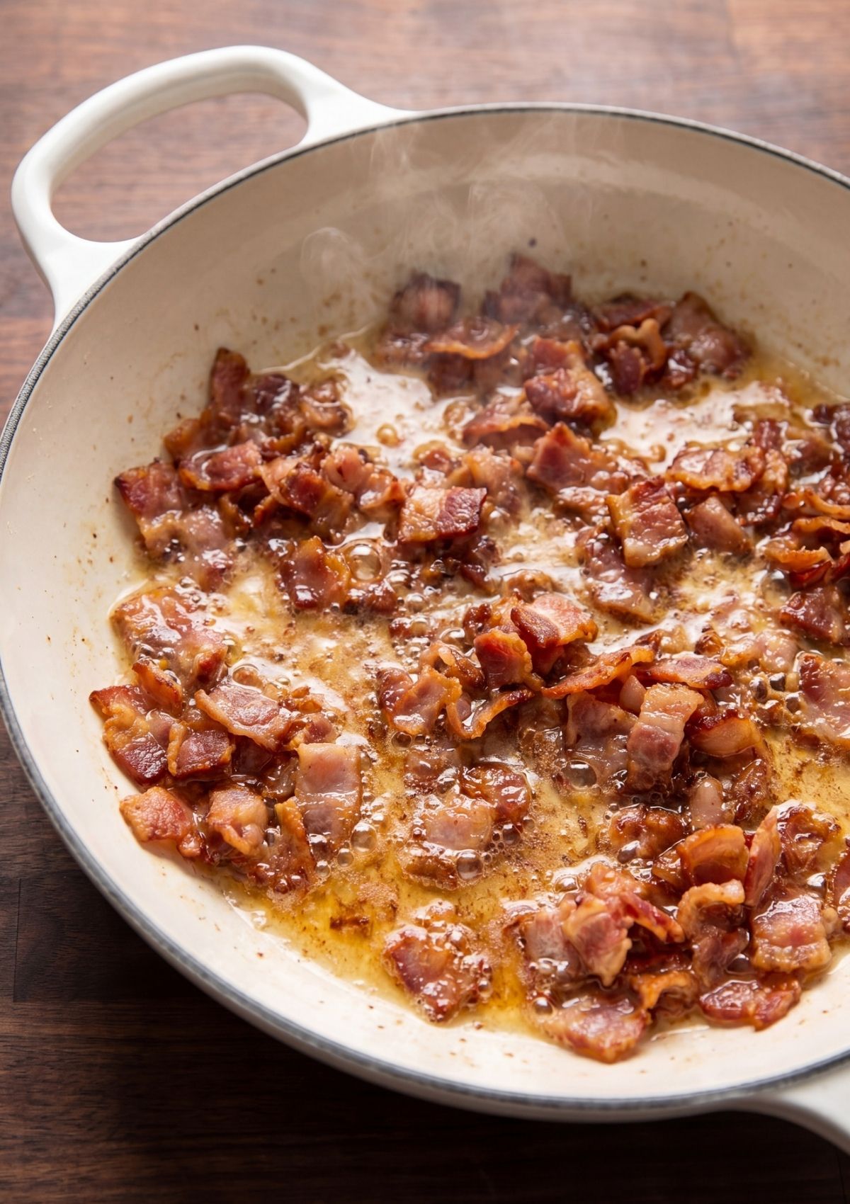 crispy bacon cooking in skillet for one pot cowboy spaghetti recipe