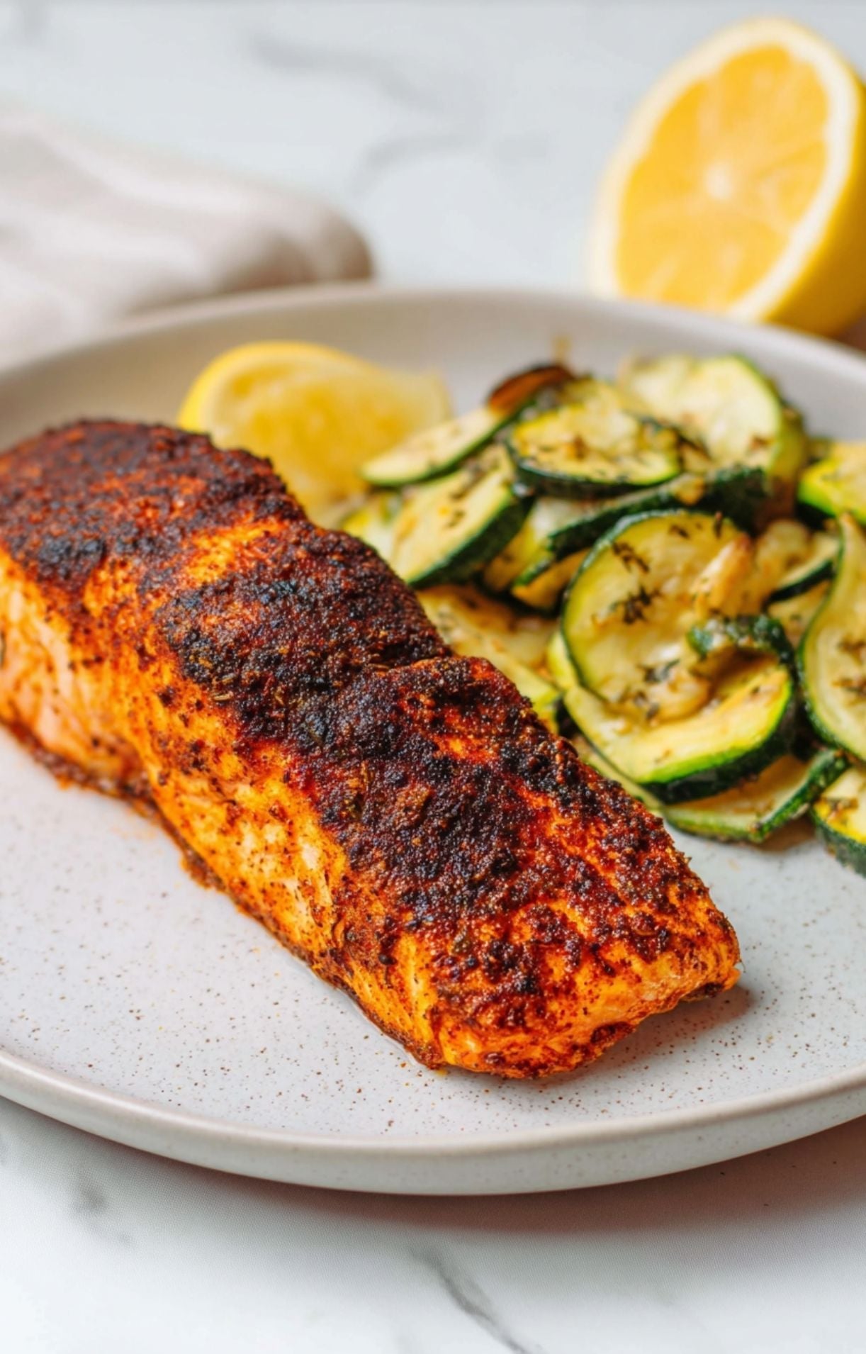 A side angle of a seasoned salmon fillet next to a portion of herb-flecked zucchini on a speckled plate.