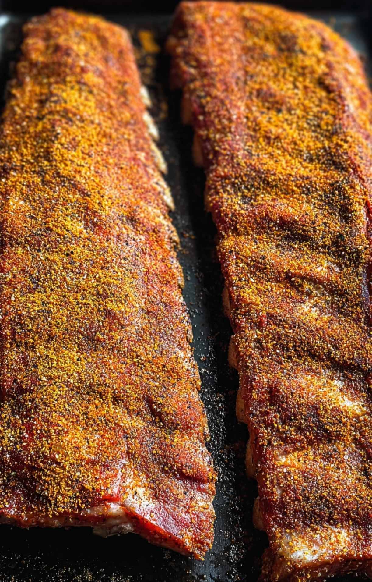 Close-up of baby back ribs generously coated in a red dry rub for a pellet smoker recipe.