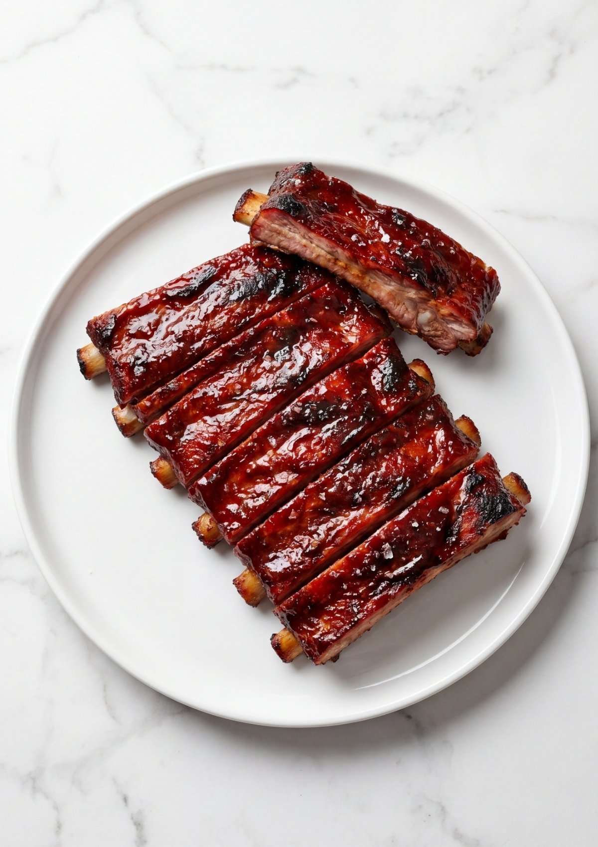 A white marble background featuring a white plate with seven perfectly glazed, smoked pork ribs arranged in a row with one rib leaning across the top.