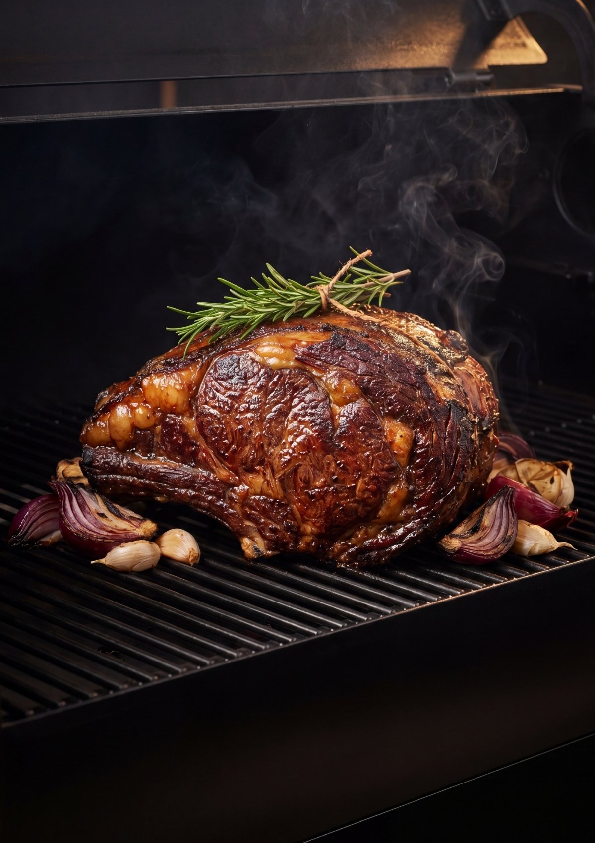 A beautifully seared standing rib roast on the grill, topped with a sprig of rosemary and surrounded by charred red onions and garlic cloves.