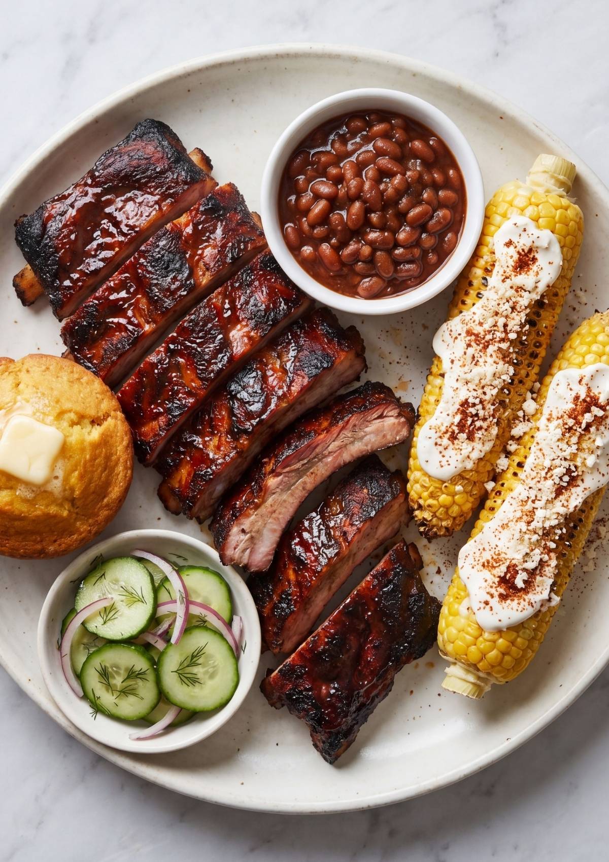 smoked ribs plate with baked beans corn on the cob cornbread and cucumber salad best smoked ribs recipe pellet grill