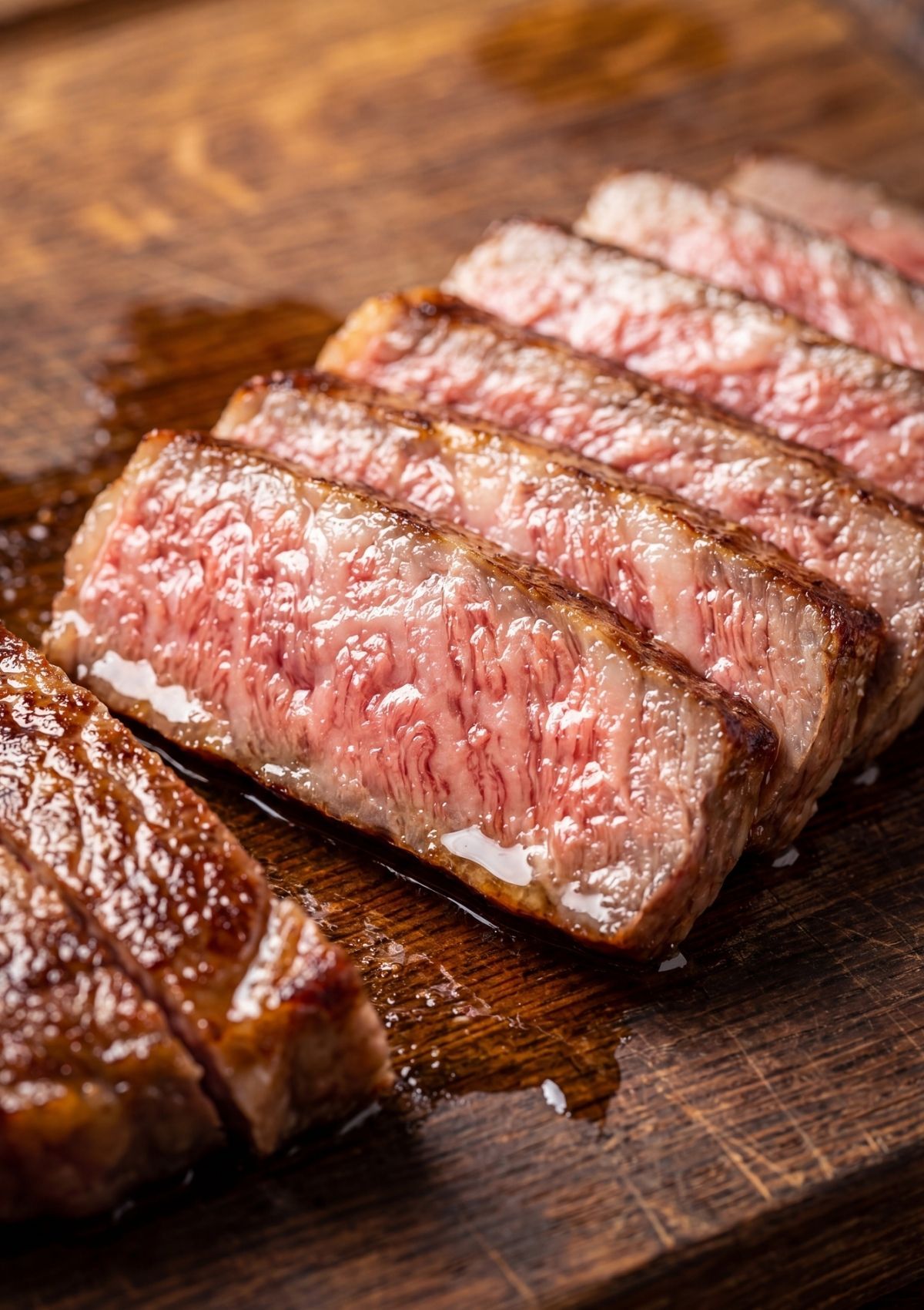 Japanese A5 wagyu beef recipe sliced steak showing rich marbling juicy texture and buttery pan seared finish on wooden board
