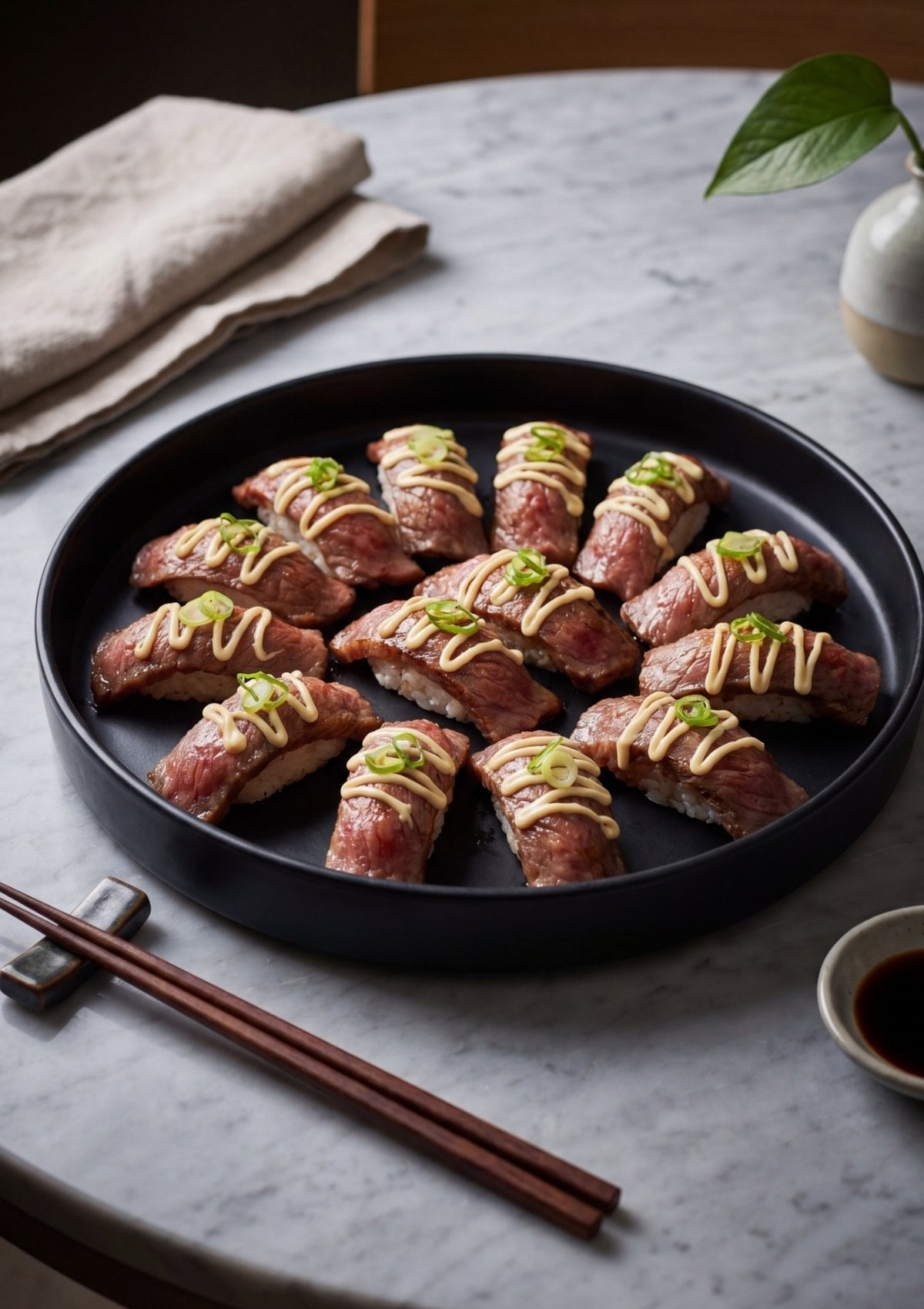 wagyu beef sushi platter with sauce and toppings easy wagyu beef sushi recipe for dinner party