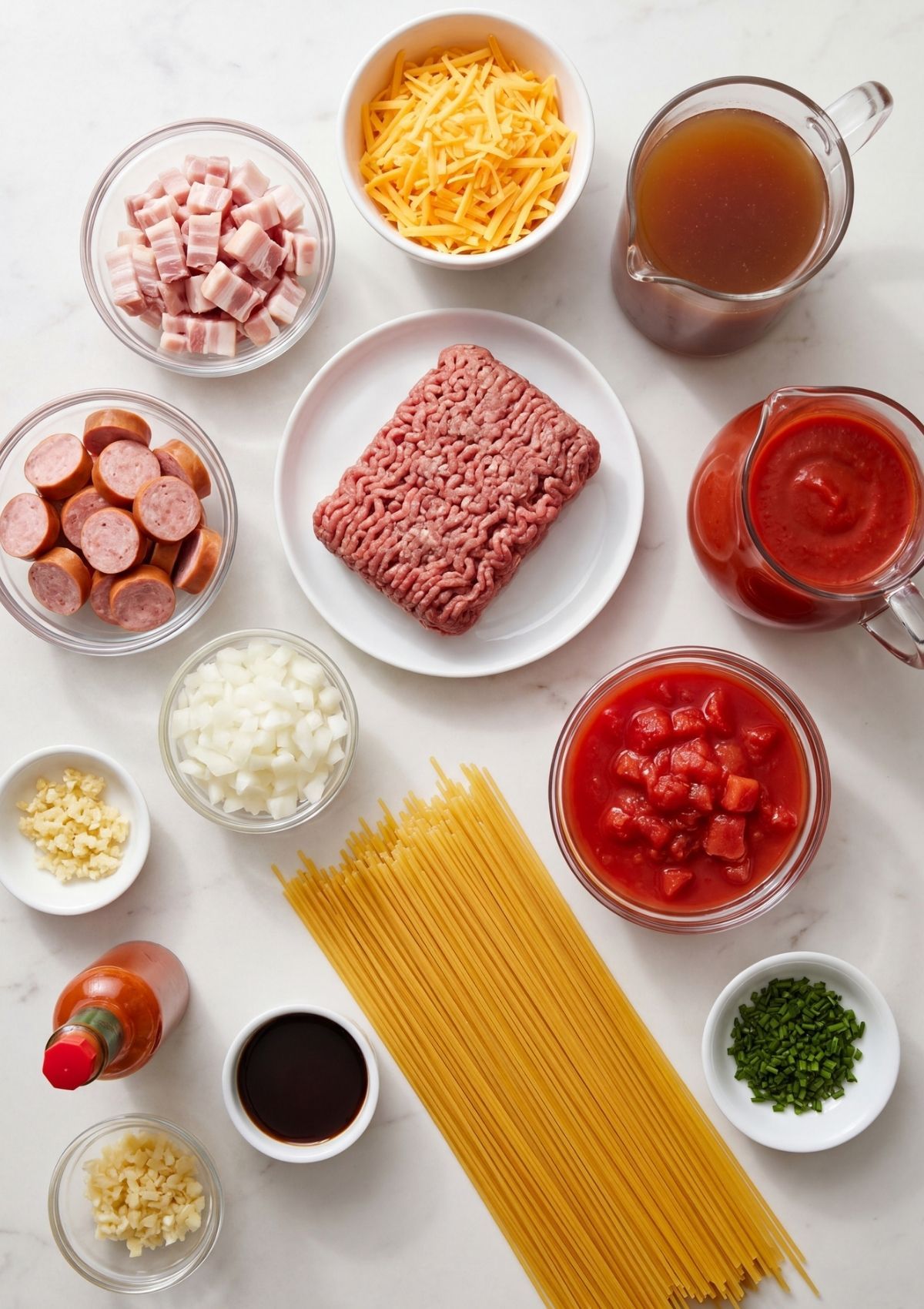 ingredients for one pot cowboy spaghetti with beef sausage bacon cheese and pasta