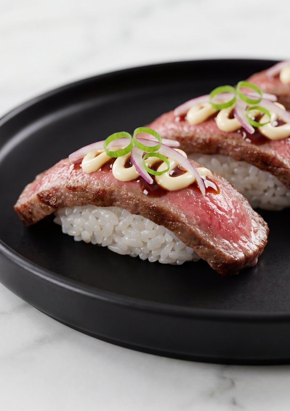 close up wagyu beef sushi with mayo and green onion easy wagyu beef sushi recipe