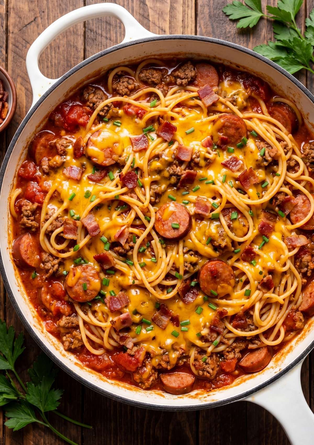 one pot cowboy spaghetti loaded with cheese sausage and bacon in skillet