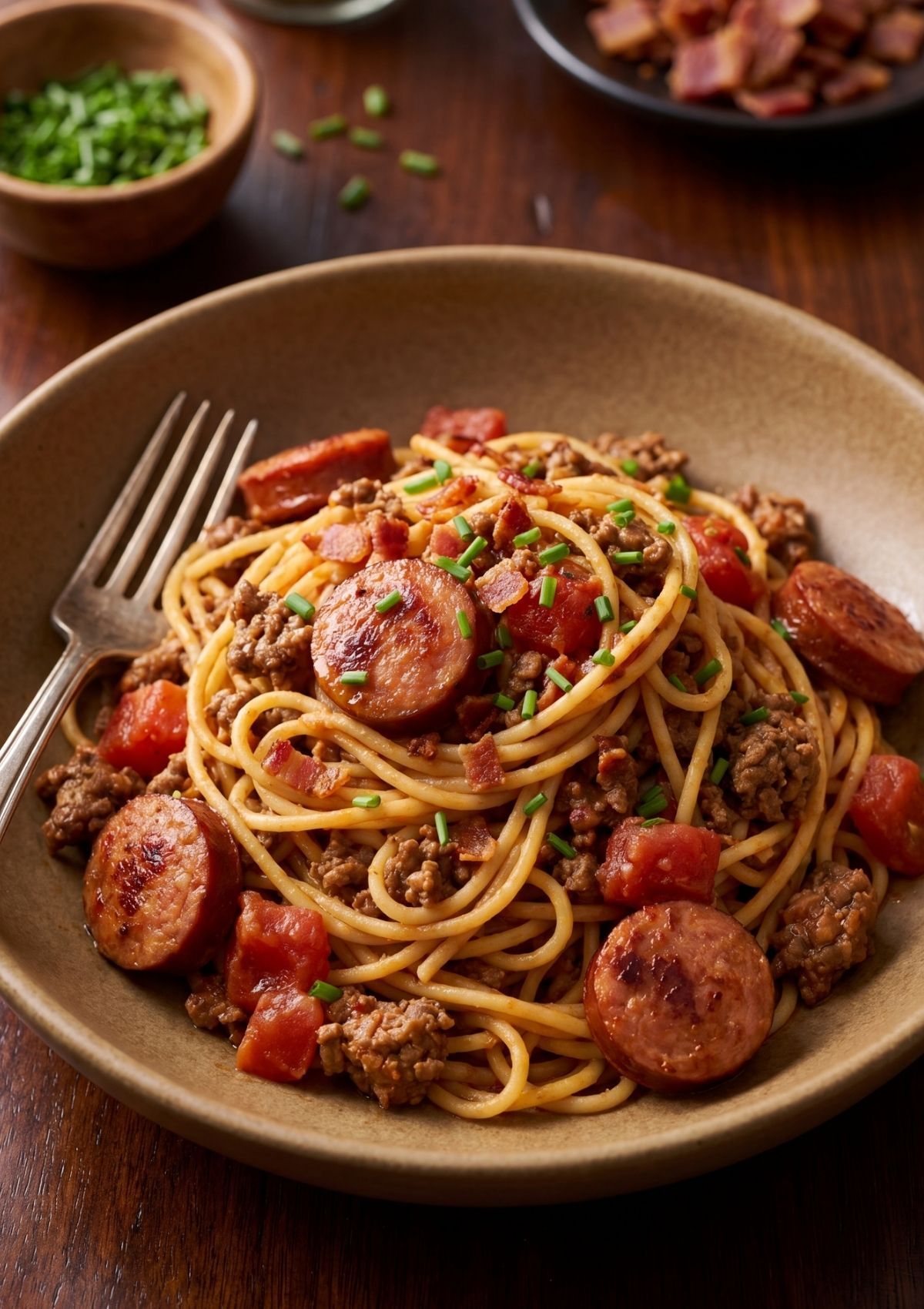 one pot cowboy spaghetti served in bowl with sausage bacon and ground beef