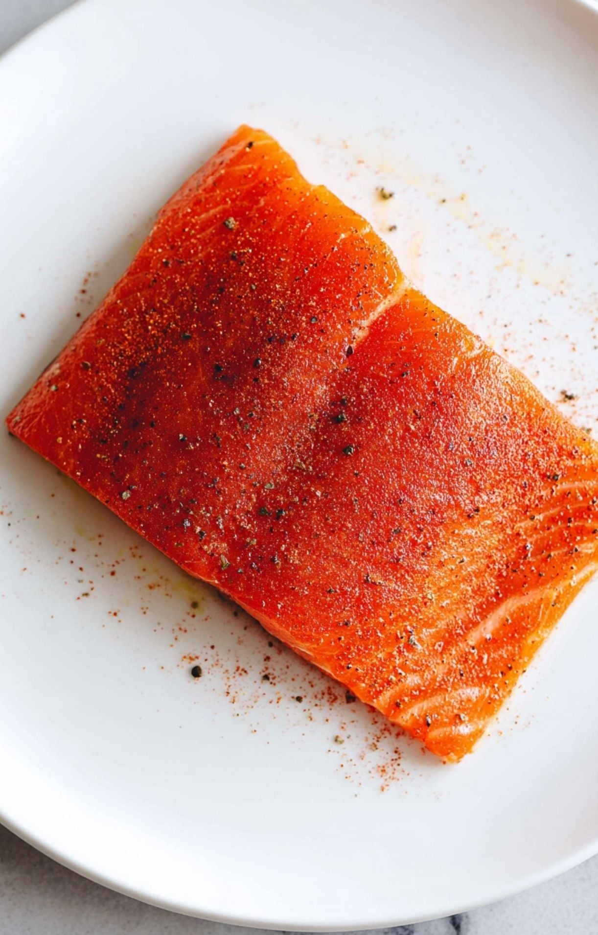 A raw sockeye salmon fillet on a white plate being sprinkled with a vibrant dry rub of salt, pepper, and spices.