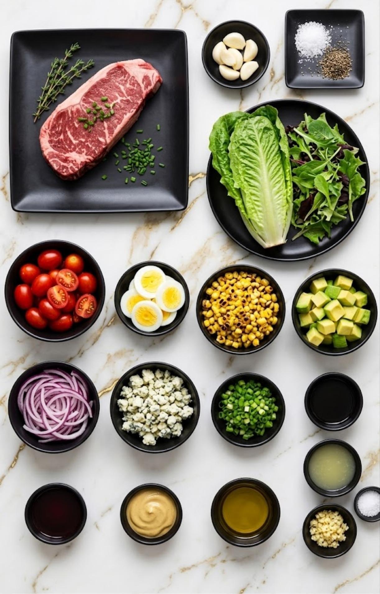 An overhead view of various ingredients in black bowls including raw steak, romaine lettuce, mixed greens, cherry tomatoes, boiled eggs, grilled corn, diced avocado, red onion, blue cheese crumbles, and vinaigrette components.