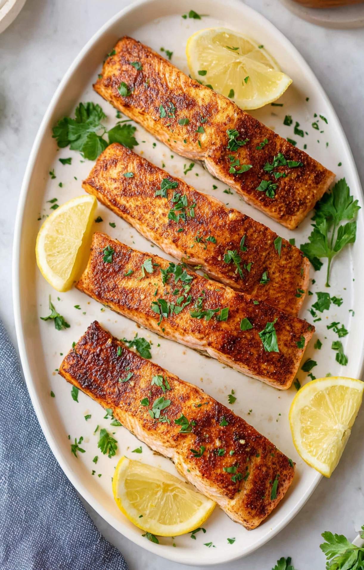 A top-down view of a complete meal featuring the easy air fryer salmon recipe with fluffy rice and tender green beans.