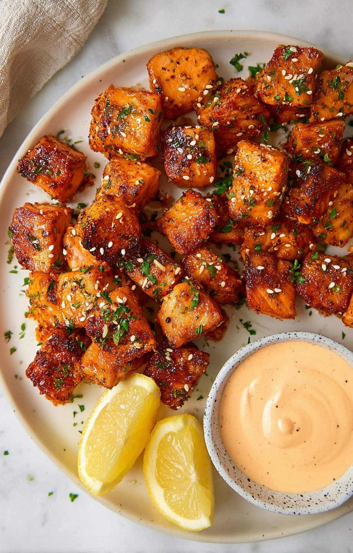 A top-down view of a plate scattered with perfectly cooked Air Fryer Salmon Bites, showing a glistening spice rub, sesame seeds, parsley, and a small bowl of spicy mayo.