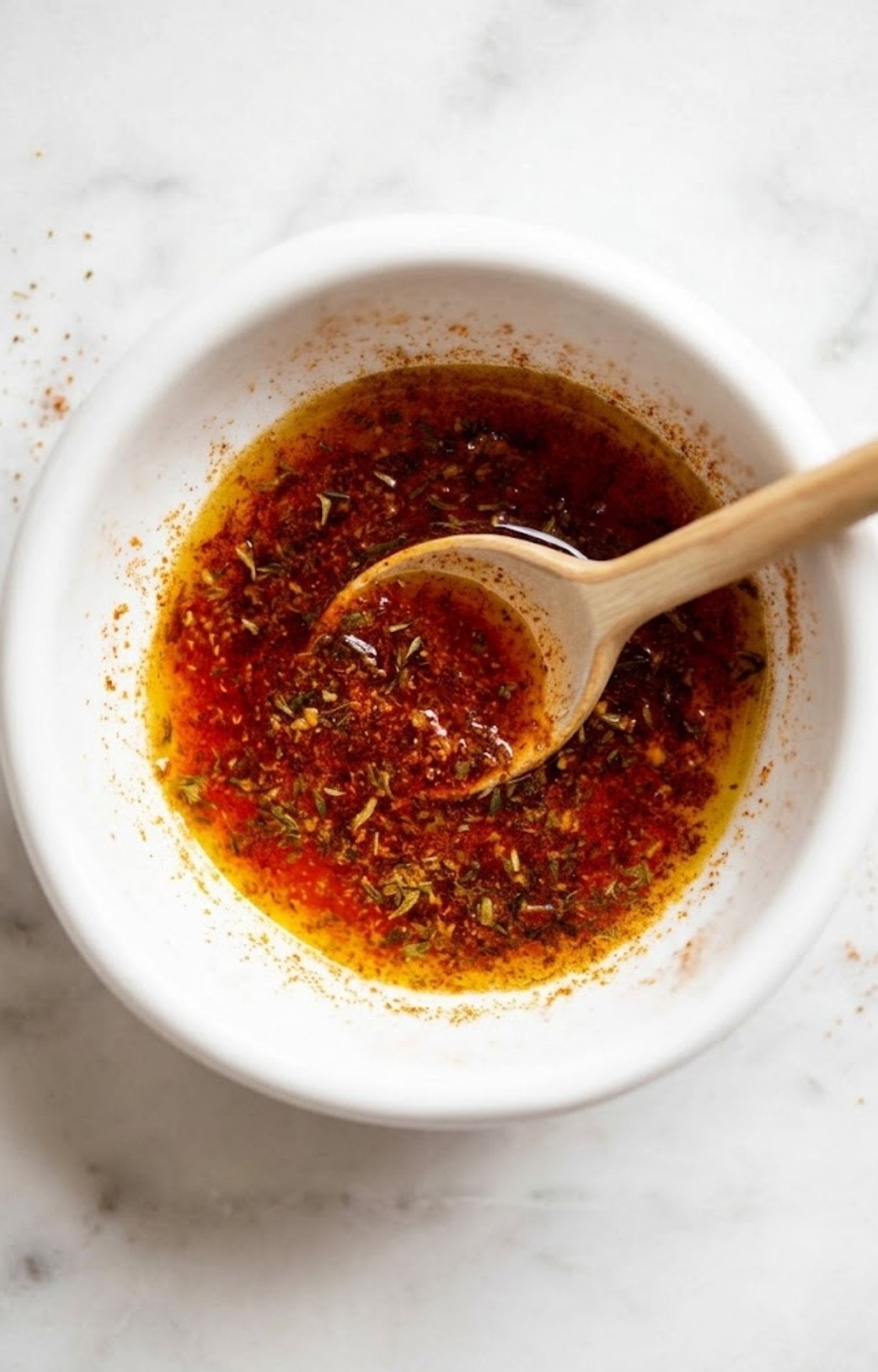 A close-up of a wooden spoon stirring a vibrant red oil and herb marinade in a white ceramic bowl.