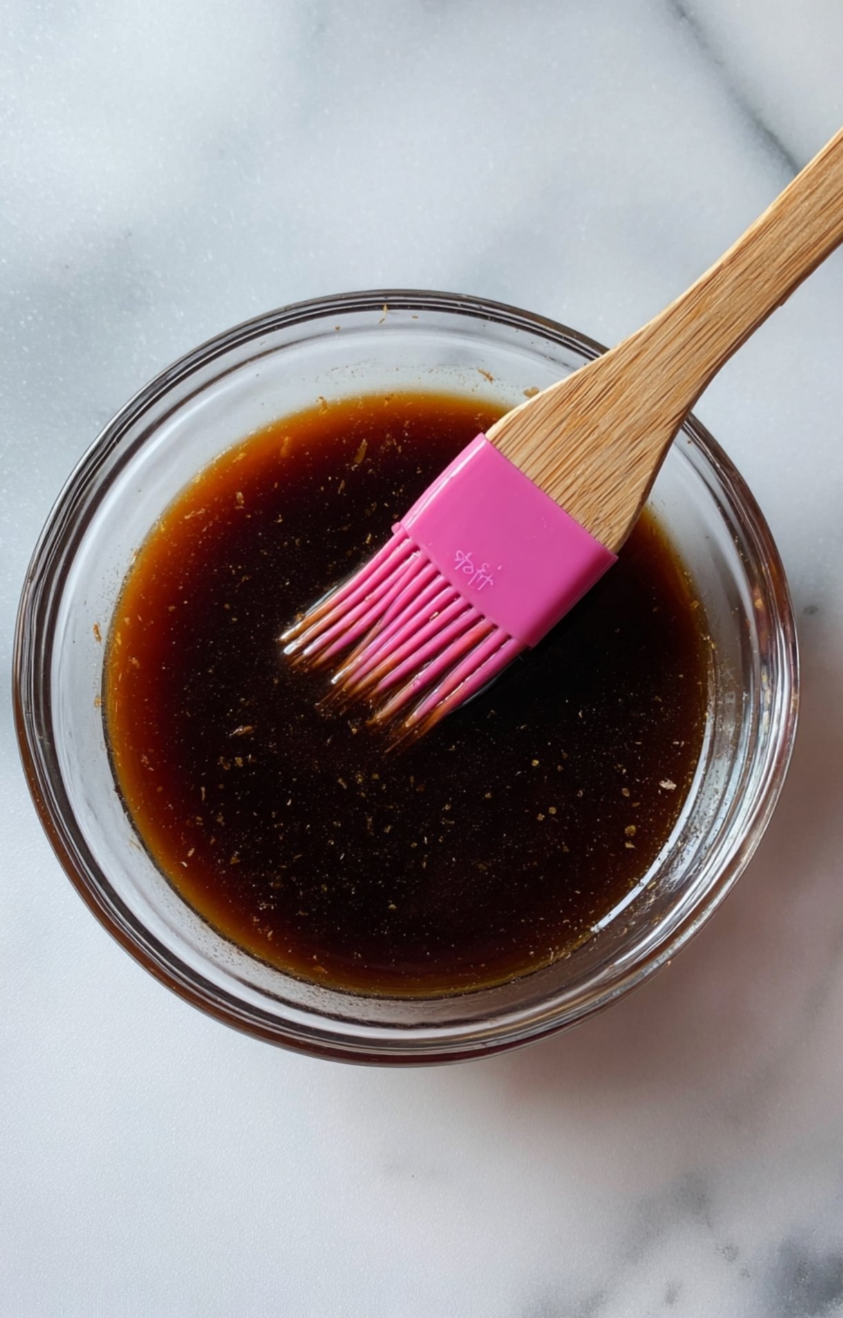 A clear bowl filled with smooth, dark teriyaki glaze and a pink silicone pastry brush.