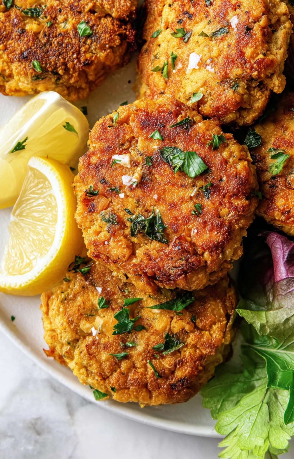 A detailed shot of the crispy, herb-flecked texture of air fryer salmon patties served with fresh greens and lemon.