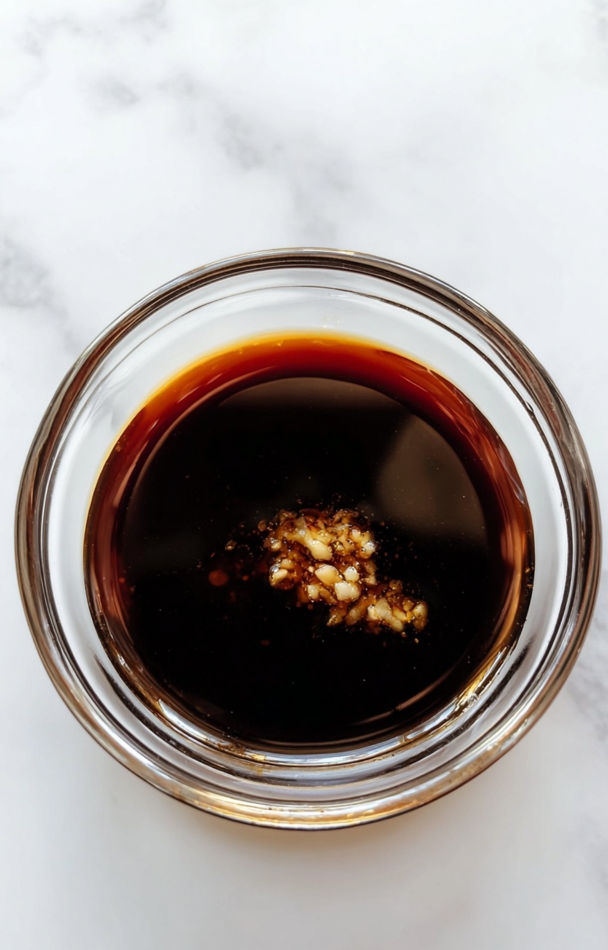 A small glass bowl containing a dark soy sauce and minced garlic mixture for the honey garlic salmon air fryer recipe.