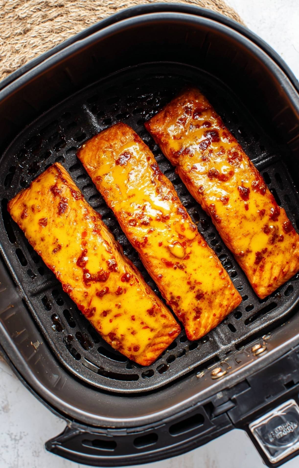 Salmon fillets cooking inside a black air fryer basket with visible charring on the edges.