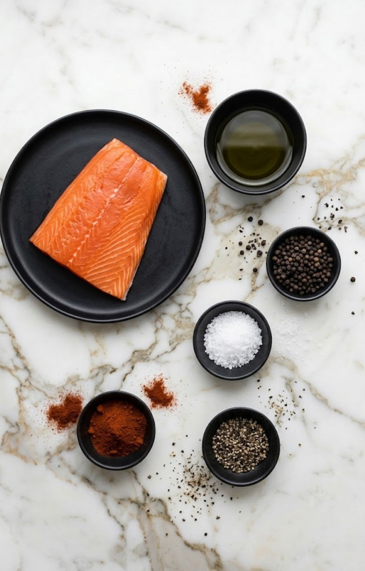 An overhead shot of a raw sockeye salmon fillet surrounded by bowls of olive oil, sea salt, black peppercorns, and paprika.